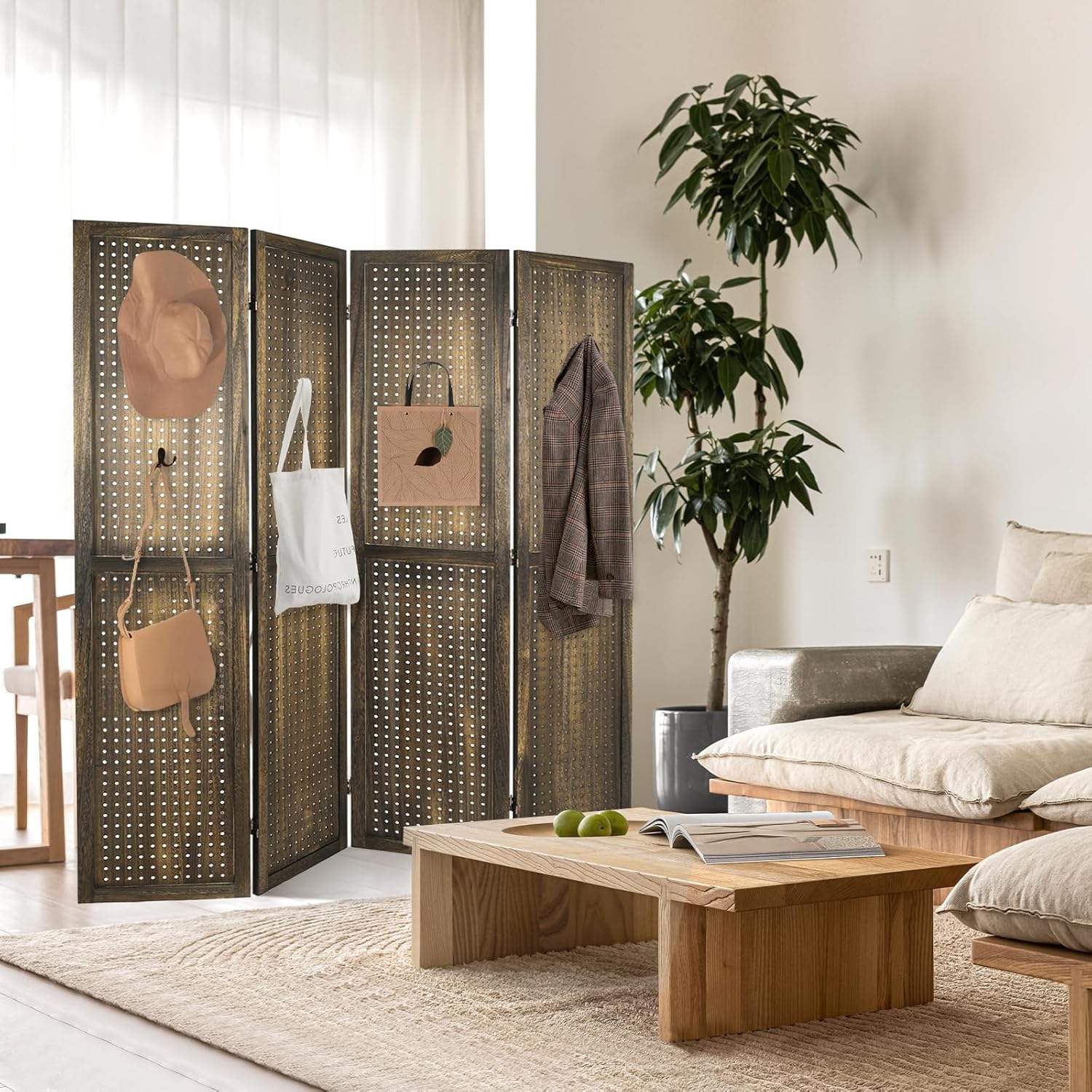 Babion 4 Panel Pegboard Display, Peg Board Room Divider Freestanding Folding Privacy Screens Pegboard Display Stand for Craft Shows (Brown)