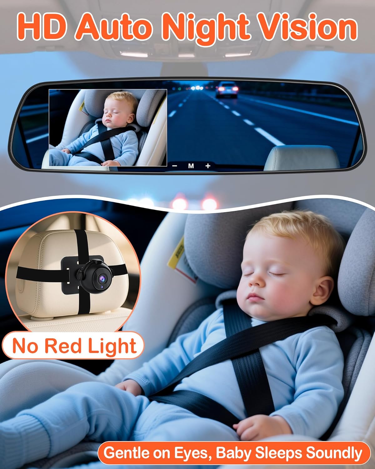 Baby Car Mirror Camera: Dash-Free 4.3-inch HD Clear Night Vision Wide Angle View for Infant Backseat Monitoring - Plug-Play No-Professional Installation for Parents Long Road Driving