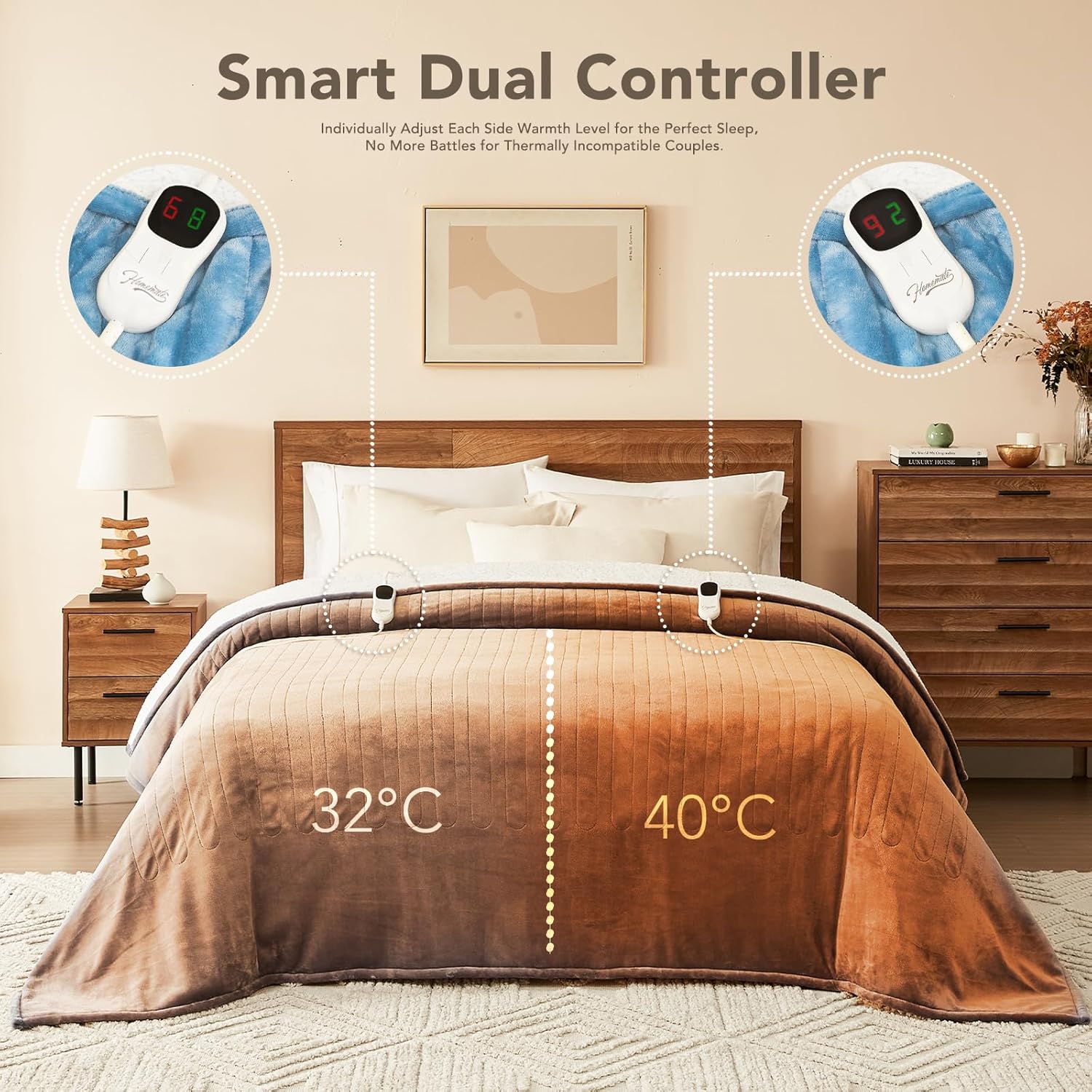 Homemate Heated Electric Blanket Queen Size - 84"x90" Heating Bed Blanket Throw with 10 Heating Levels 8 Hours Auto Off Fast Heating Over-Heat Protection Ultra Soft Flannel ETL Certified, Blue