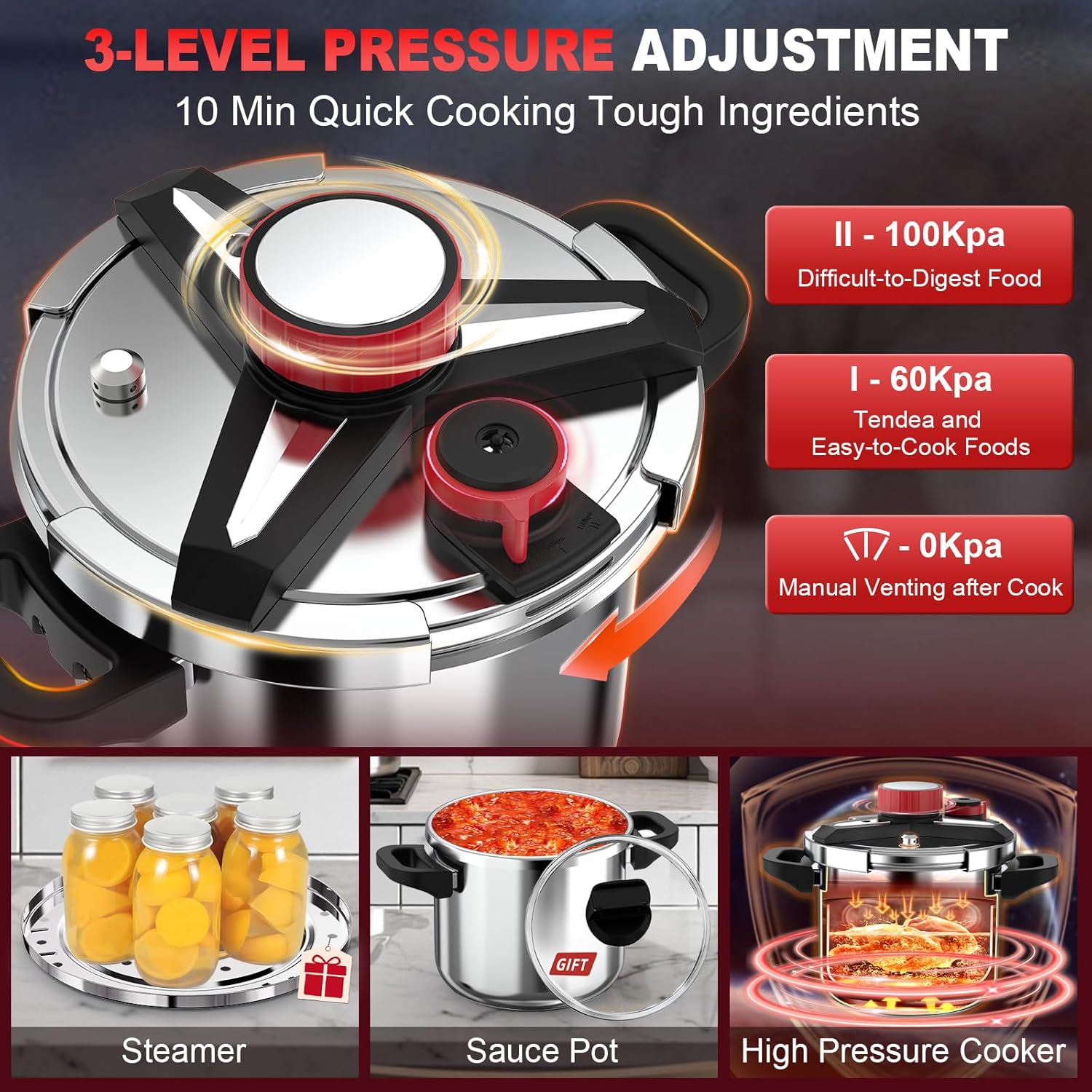 3-In-1 Stainless Steel Pressure Cooker 6.3 Quart: [Save 70% Time] [3 PSI Settings], One-Hand Locking, Induction Compatible, Glass Lid & Steamer Rack Included, Olla de Presion