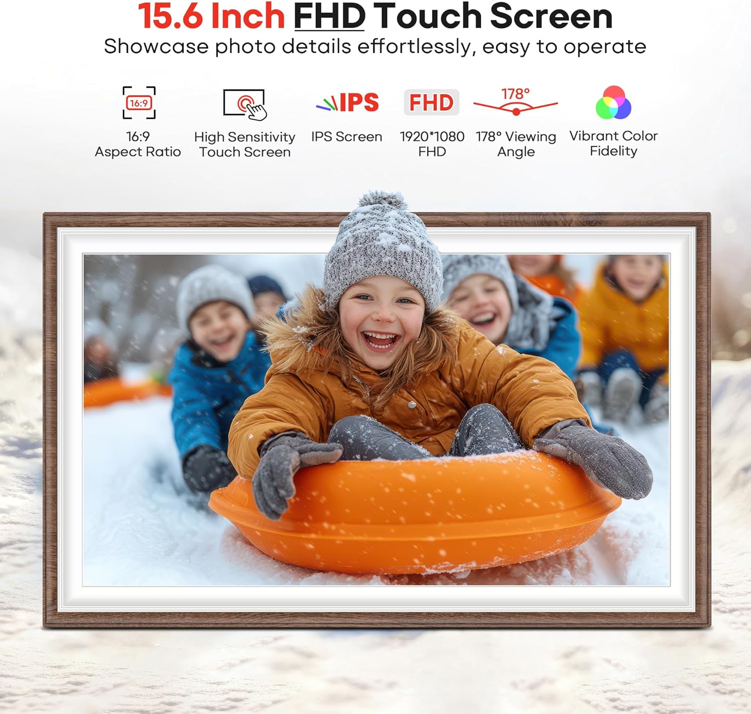 64GB Frameo 15.6" Digital Picture Frame Large 1920 x 1080 IPS FHD Touch Screen WiFi Electronic Photo Frames Share Moments Instantly Anywhere Best Gifts for Parents and Grandparents Brown Wood White