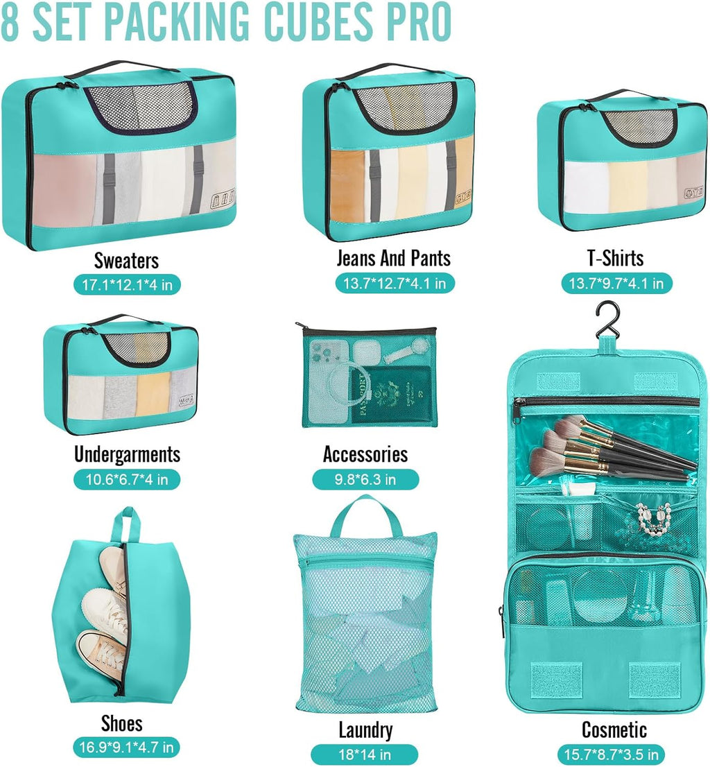 Veken 8 Set Packing Cubes for Kids, Travel Essentials Suitcase Organizer Bags in 4 Sizes, Carry-On Luggage Accessories with Laundry & Hanging Toiletry Bag, Must-Have for Airplane, Road Trip & Camping