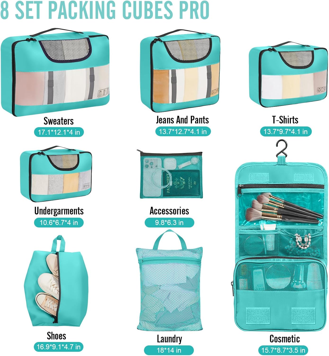 Veken 8 Set Packing Cubes for Kids, Travel Essentials Suitcase Organizer Bags in 4 Sizes, Carry-On Luggage Accessories with Laundry & Hanging Toiletry Bag, Must-Have for Airplane, Road Trip & Camping
