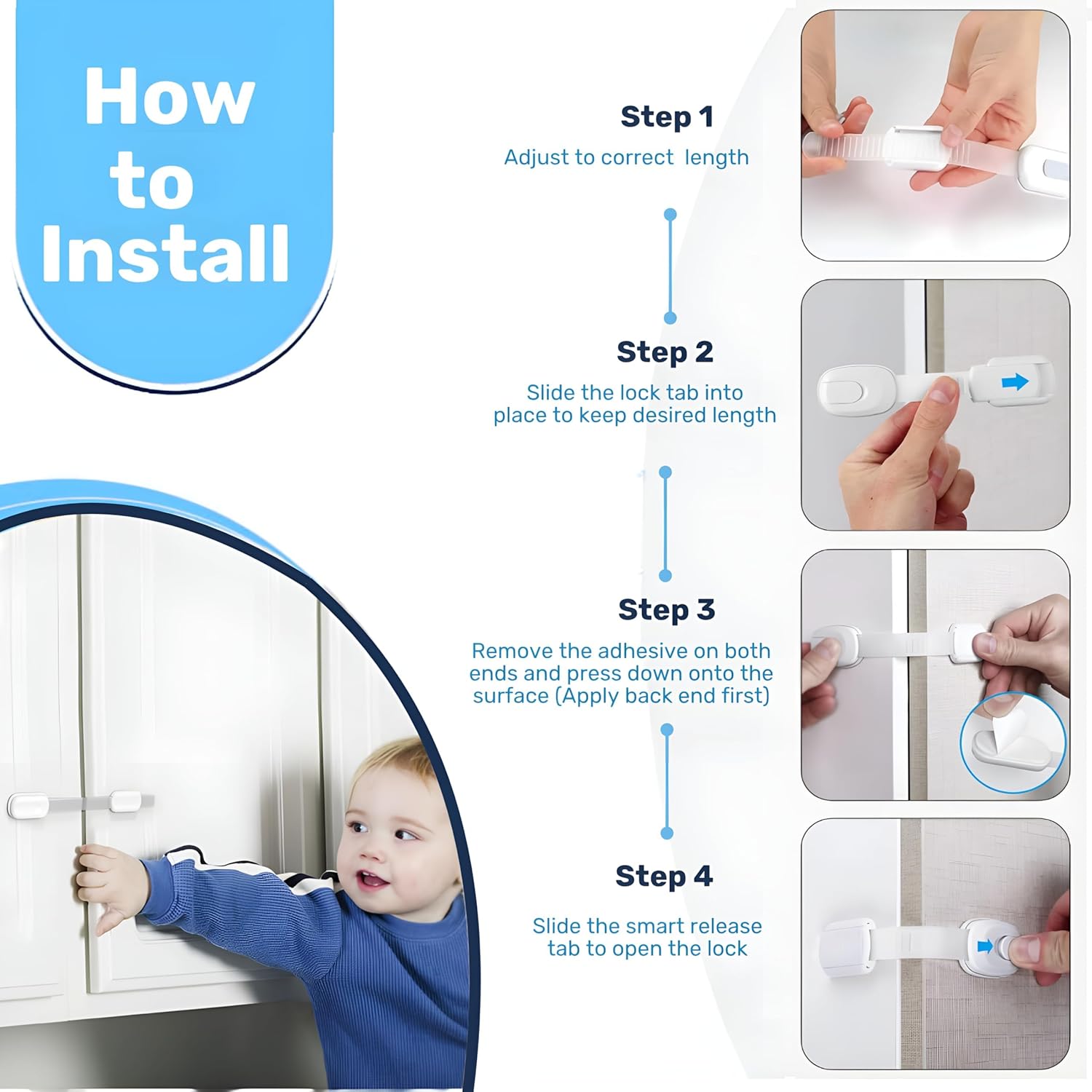 3M Adhesive Child Safety Strap Locks by Baby Proof Me, Baby Latches for Cabinets, Dishwashers, Fridges, Ovens and Trash Cans, Stain Free Toilet Lock (6 Safety Latches)