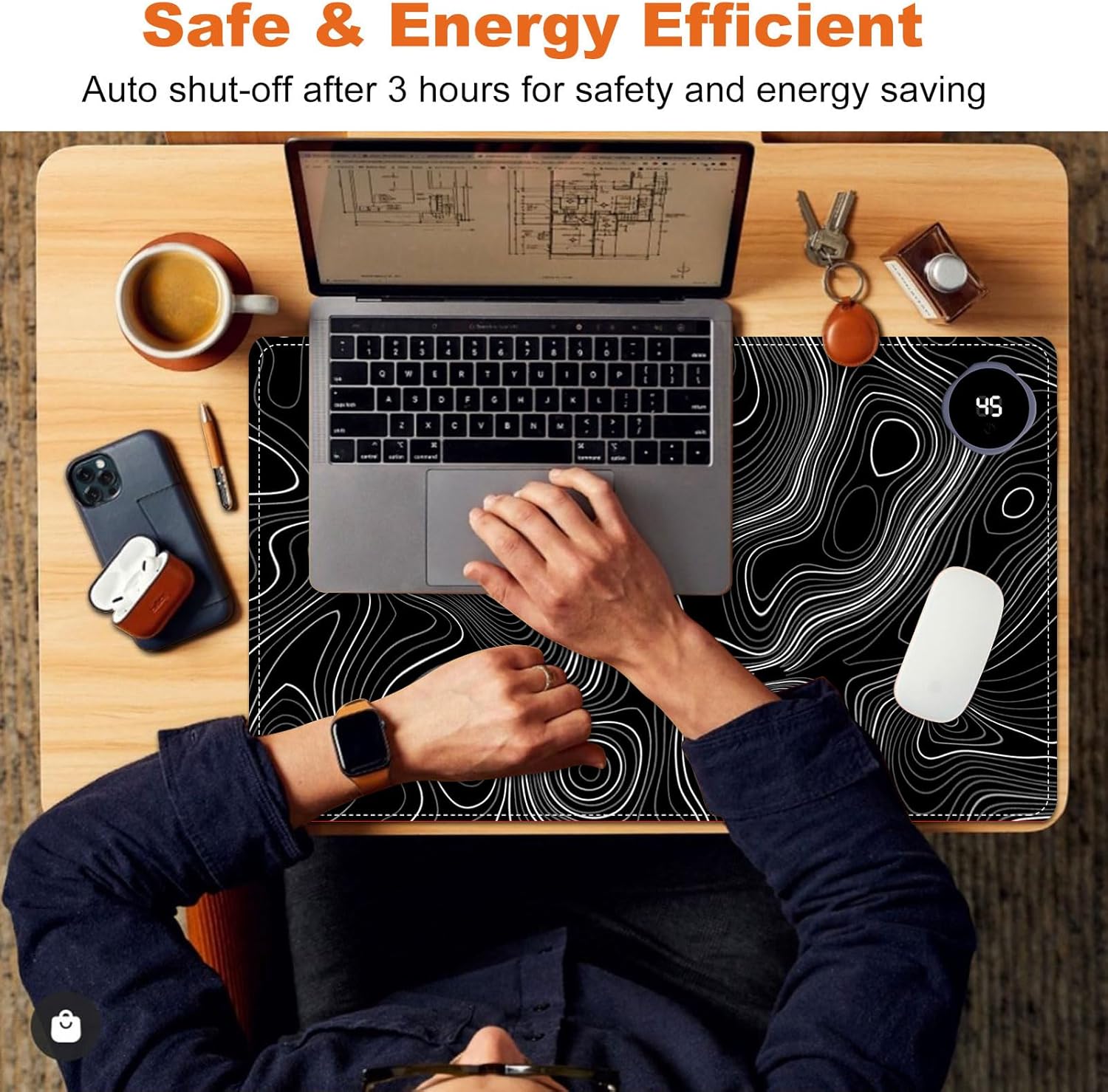 Small Heated Desk Pad 23.6" x 14.2" – Compact Electric Mouse Pad with 3 Heating Levels, Auto Shut-Off, Waterproof PU Surface, Plug-in Warmer for Office or Home Use, Topographic Lines