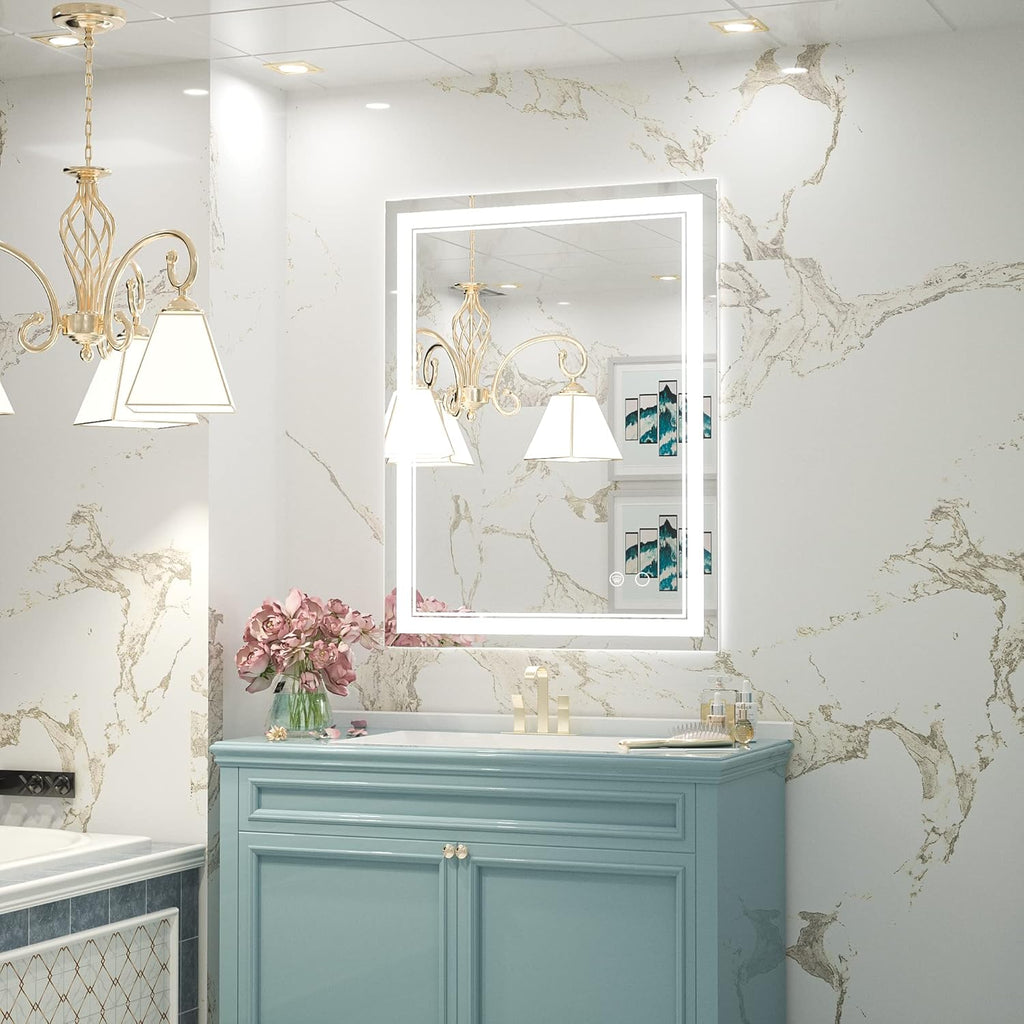 Keonjinn LED Bathroom Mirror 28" x 36", Frontlit & Backlit Bathroom Vanity Mirror with Lights, HD Tempered Glass, UL-Listed, Anti-Fog, 3 Color Lights, Dimmale, Memory Function, LED Wall Mirror