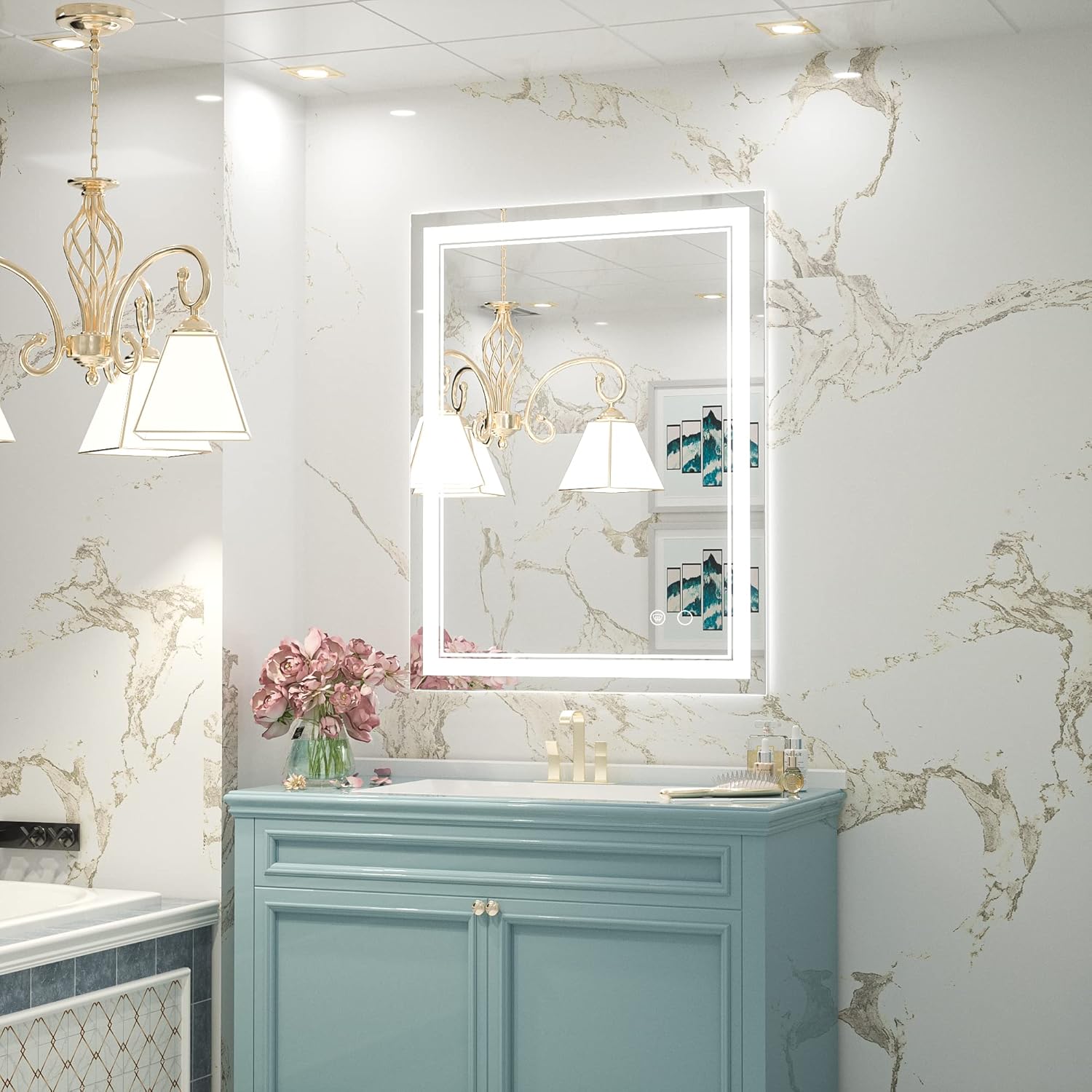 Keonjinn LED Bathroom Mirror 28" x 36", Frontlit & Backlit Bathroom Vanity Mirror with Lights, HD Tempered Glass, UL-Listed, Anti-Fog, 3 Color Lights, Dimmale, Memory Function, LED Wall Mirror