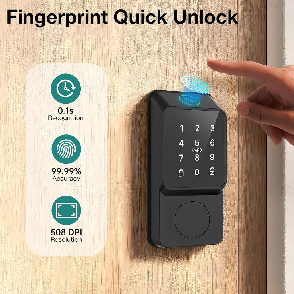 Smart Door Lock Keyless Entry with TTLock APP Fingerprint Touchscreen Keypad IC Card Key Type-C Charging Unlocking 6 in 1 Electric Biometric Digital Deadbolt for Front Doors Home Apartment