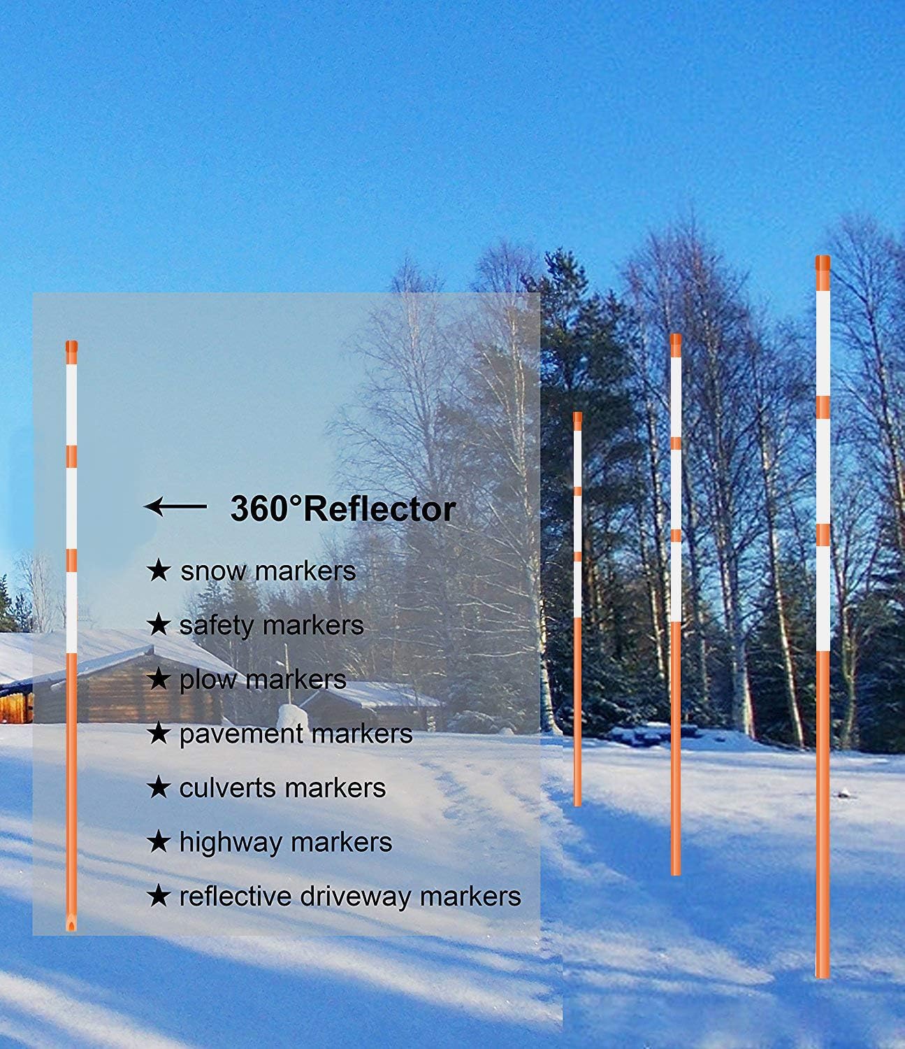 FiberMarker Snow Markers 60-Inch, 1/4-Inch Diameter Reflective Snow Poles 50pack, Orange Hollow with 3pc 7" Reflective Tapes