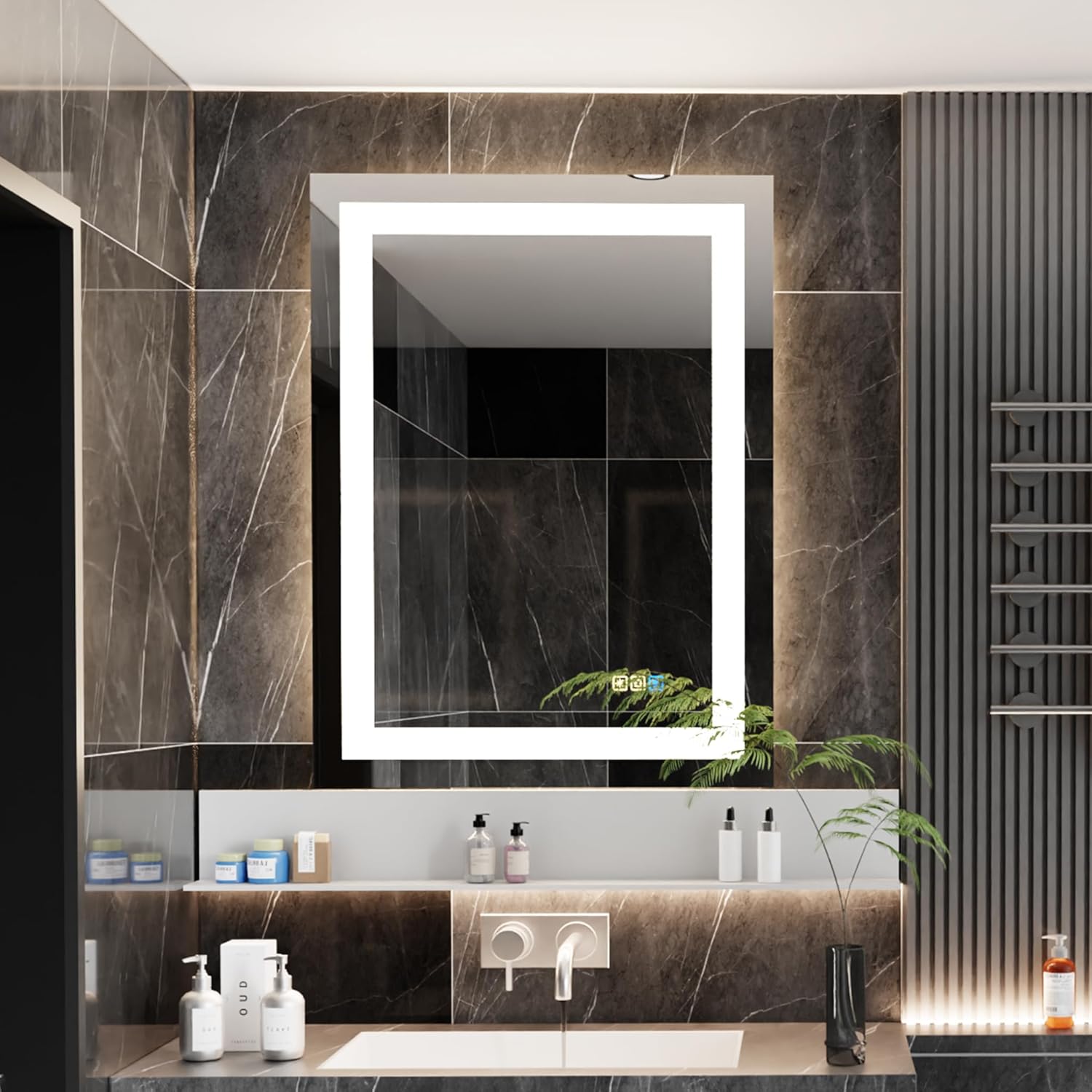 18 * 24inchesLED Mirror, Smart Bathroom Mirror with Lights, Anti-Fog, Tempered Glass, 3 Colors Dimmable, Front and Backlit, CRI 90+, Wall Mounted, Memory
