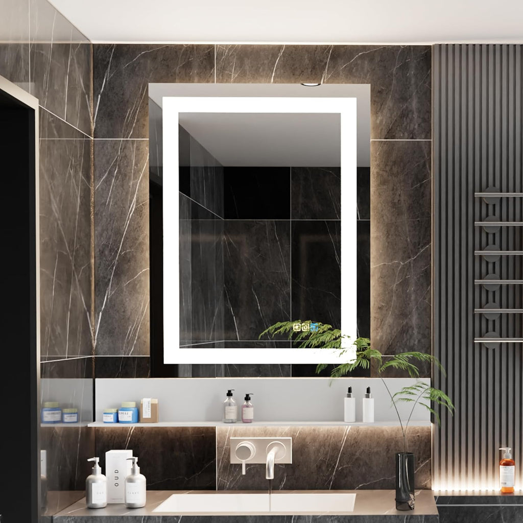 24 * 32inches LED Mirror, Smart Bathroom Mirror with Lights, Anti-Fog, Tempered Glass, 3 Colors Dimmable, Front and Backlit, CRI 90+, Wall Mounted, Memory