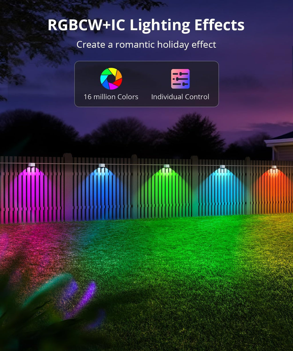 Outdoor Deck Lights 16 Packs, Smart RGBCW Fence Light, 100+ Scene Modes, Dual Lens LED String Lights with APP/Voice/Remote Control, IP65 Waterproof for Halloween Christmas Decor, 105ft White