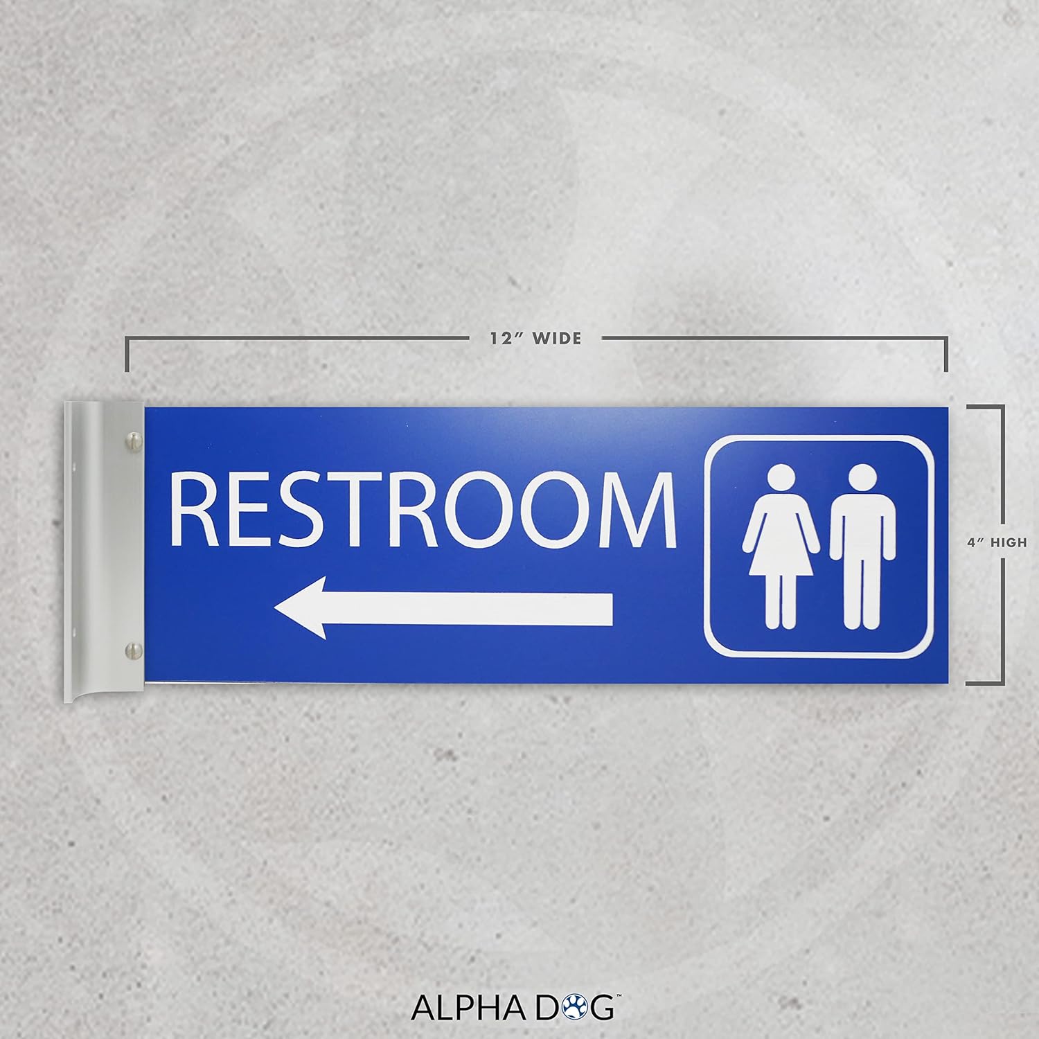 ALPHA DOG SIGNS Corridor Projecting Hallway Bathroom Sign, Left Arrow, 4"x12" Double Sided, Indoor/Outdoor, Easy Install, Durable Business Wayfinding Plaque, USA-Made (Blue)