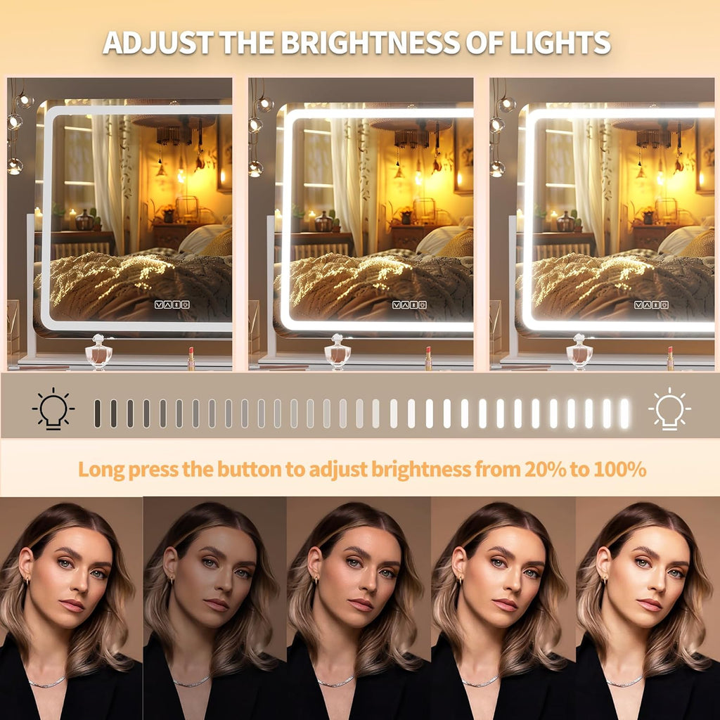 Hasipu Vanity Mirror with Lights and Bluetooth Speaker, 23.6" x 19.7" LED Makeup Mirror, Light up Mirror with 10X Magnification, USB Charging Port, Smart Touch 3 Colors Dimmable (White)
