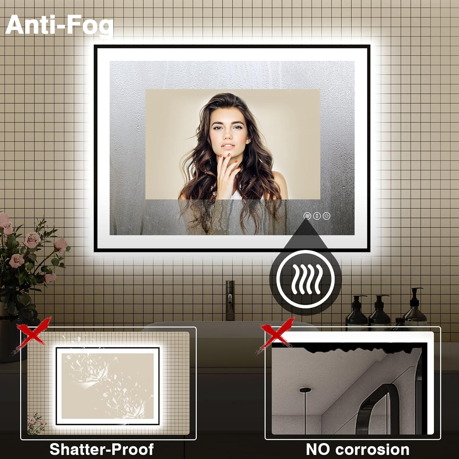 48x36 LED Bathroom Mirrors for Wall - Black Aluminum Framed(Front and Backlit),Anti-Fog Vanity Mirror with Lights,Stepless Dimmable Lighted Mirror,3 Colors Smart Mirror(Horizontal/Vertical)