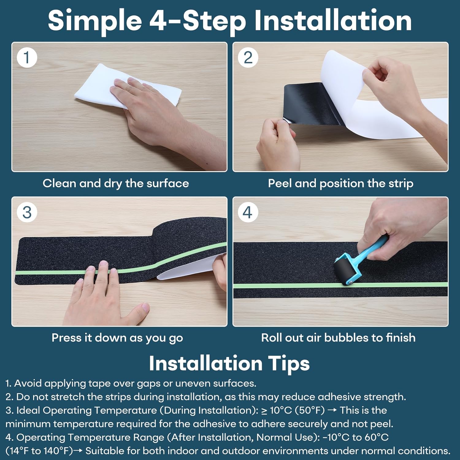 10 Pack 4” x 30” Anti Slip Traction Treads with Glow in The Dark Stripe, Outdoor Waterproof Non Skid Pre-Cut Tape with Roller, High Traction Friction Abrasive Adhesive for Stairs Step
