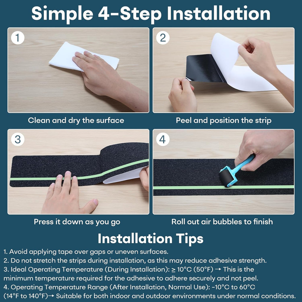 10 Pack 6” x 32” Anti Slip Traction Treads with Glow in The Dark Stripe, Outdoor Waterproof Non Skid Pre-Cut Tape with Roller, High Traction Friction Abrasive Adhesive for Stairs Step