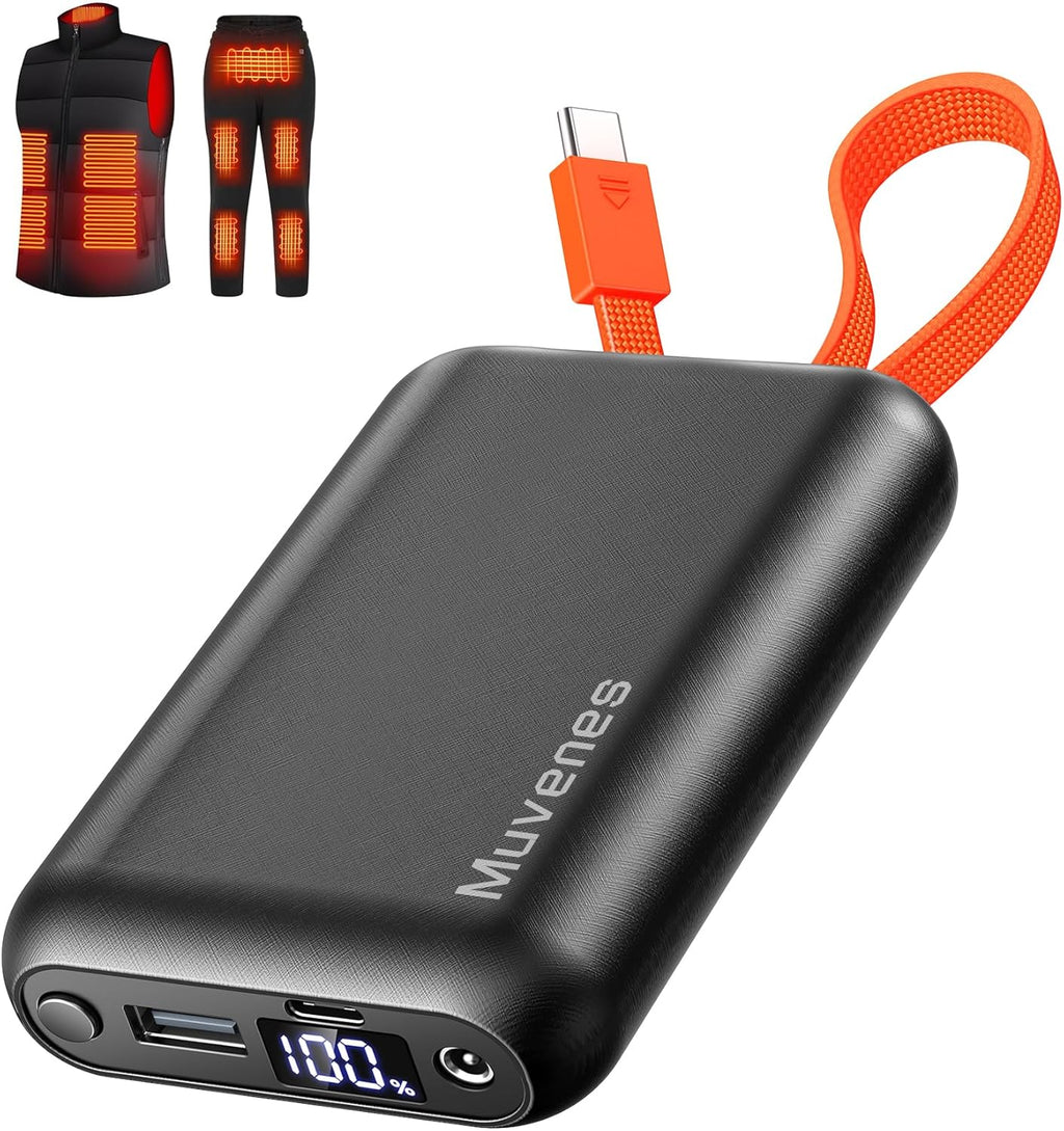 7.4V 20000mAh Heated Vest Battery Pack Compatible with ORORO, with Venustas, Rechargeable Outdoor Power Bank with Built-in USB-C Cable, DC/USB Ports for Heated Vests, Jackets, and Pants