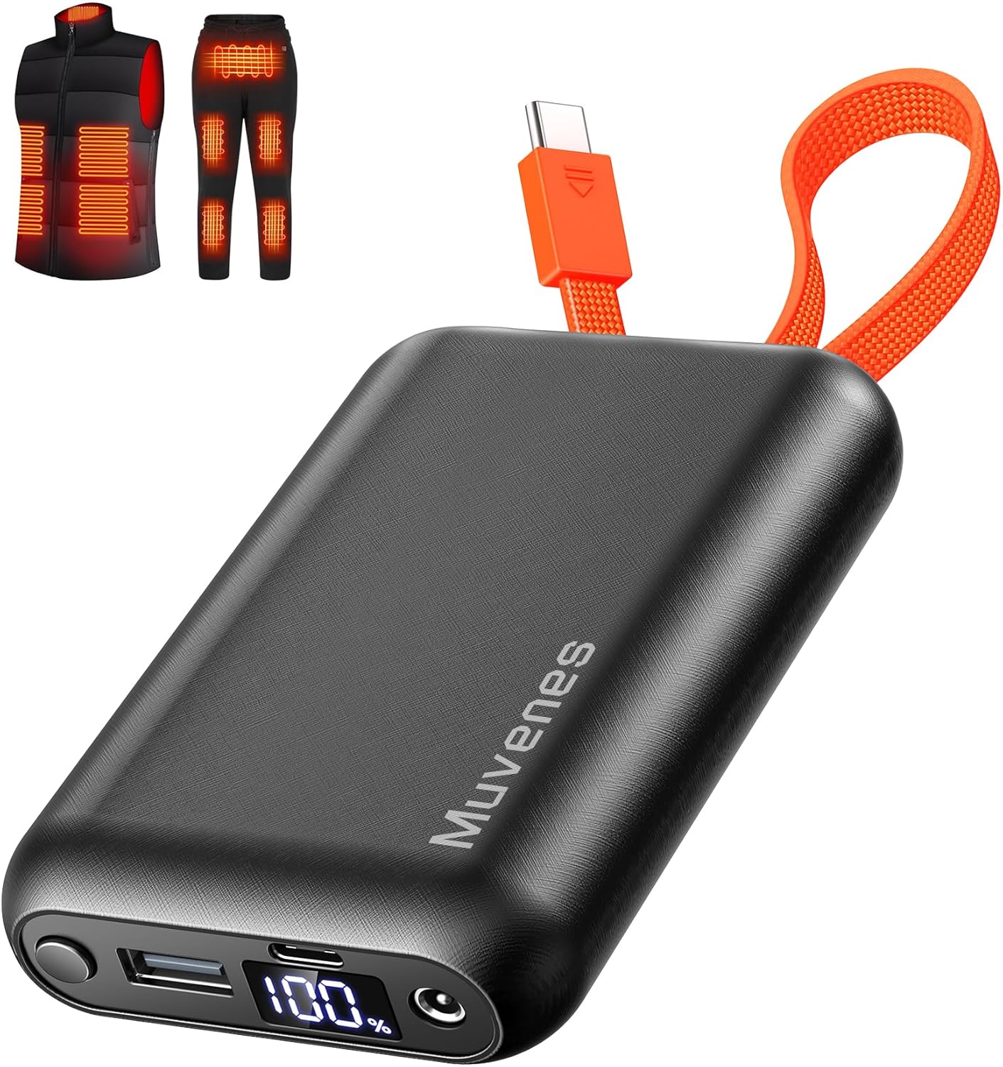 7.4V 20000mAh Heated Vest Battery Pack Compatible with ORORO, with Venustas, Rechargeable Outdoor Power Bank with Built-in USB-C Cable, DC/USB Ports for Heated Vests, Jackets, and Pants