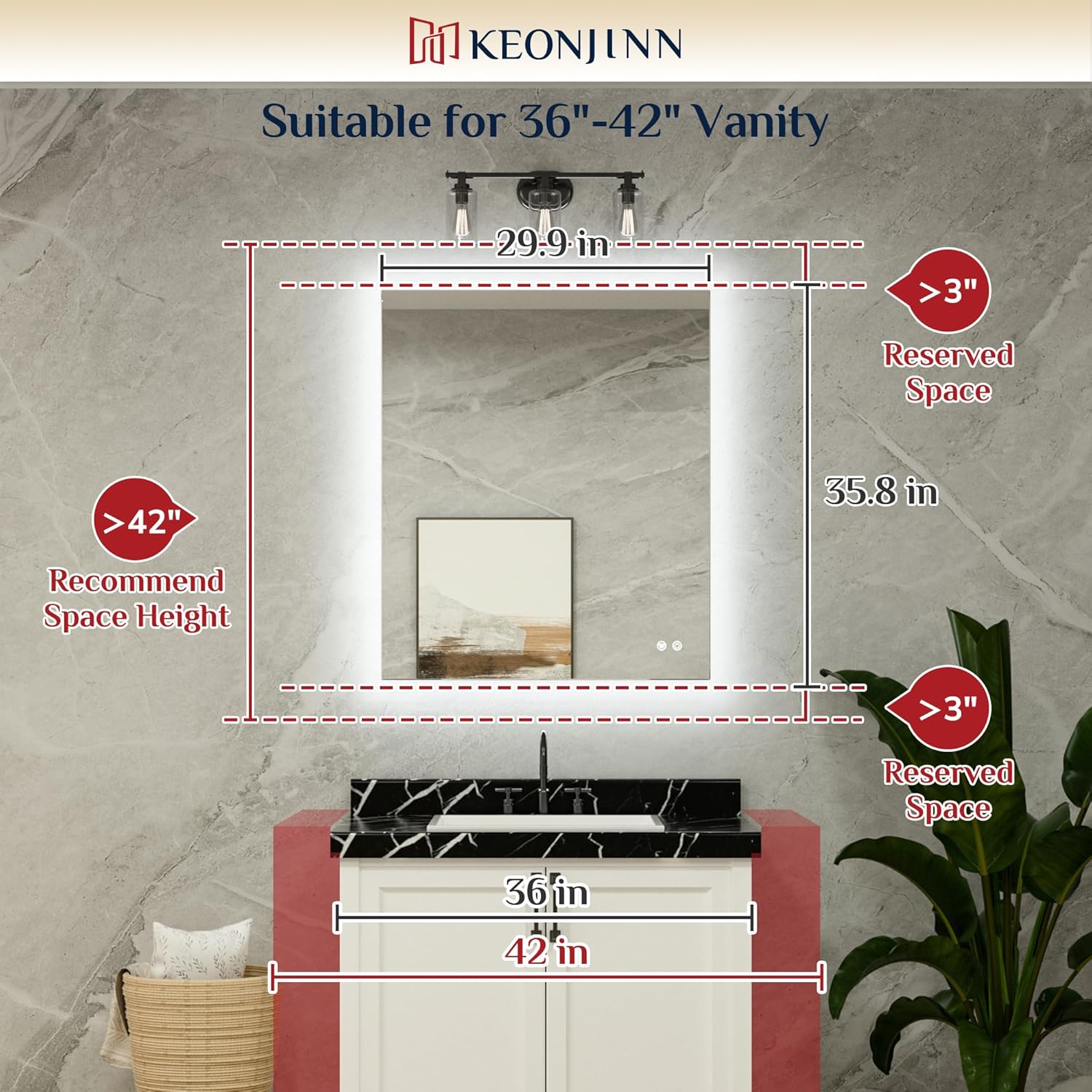 Keonjinn Backlit Mirror Bathroom 30” x 36”, Anti-Fog Mirror with Lights, CRI90+ HD Tempered Glass, Waterproof, UL Listed, Stepless Dimmable Vanity Mirror with High Lumen
