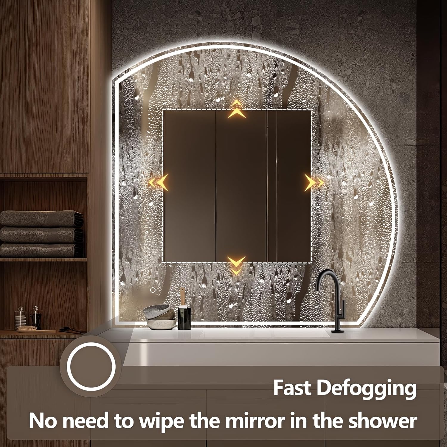 Niccy Half Moon Led Mirror for Bathroom, 44" Semi Round Backlit Mirror for Wall Lighted Mirror with Frameless 3 Color, Defogger, Explosion-Proof, HD Glass and IP65 Vanity Mirror