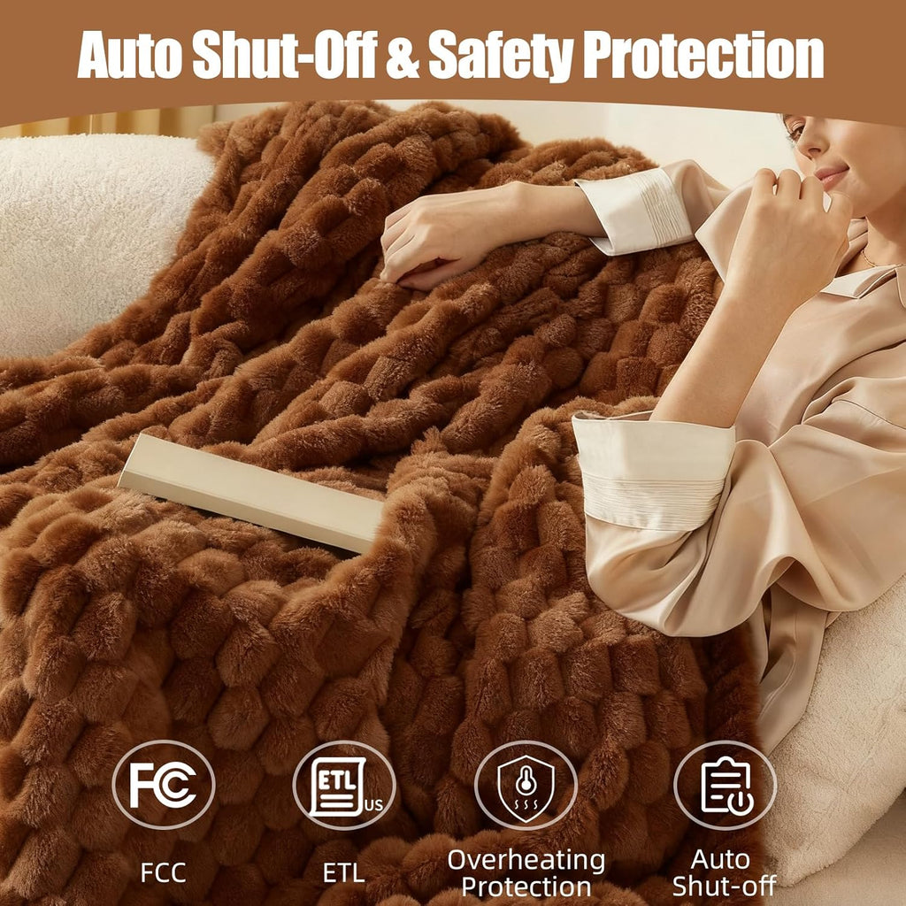 Electric Blanket 50" x 60" Soft Ribbed Faux Fur Flannel Quick Heat 12 Heat Levels 1-12 Hour Timer & Overheat Protection & Auto Shut Off & ETL FCC (Brown, Throw 50" x 60")