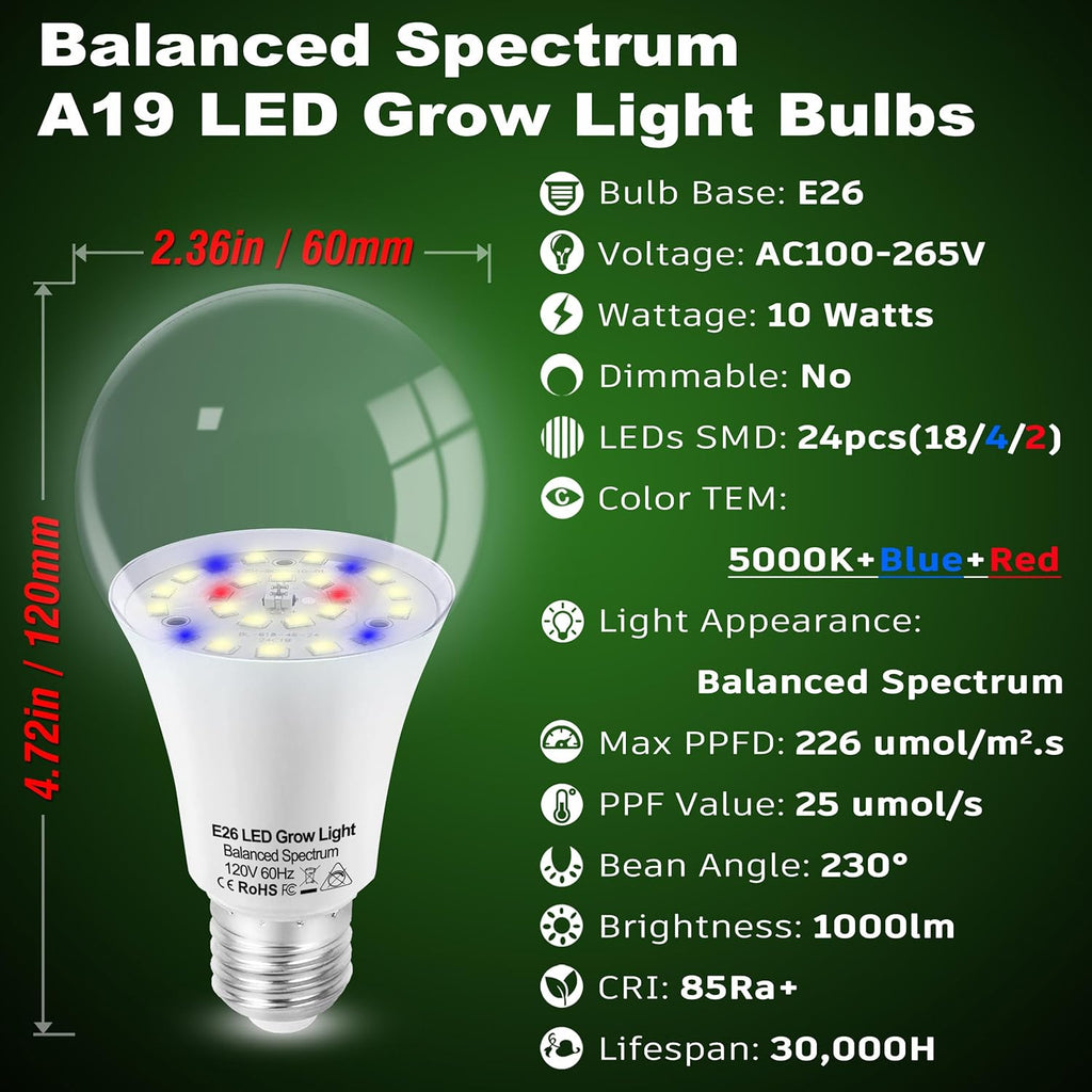 ALIDE Full Spectrum Plant Grow Light Bulbs E26 A19 10W,Plant Growing Lamp Bulbs with Balanced Spectrum 5000K White Blue Red Yellow for Indoor Seeds Greens Laboratory Greenhouse Garden Hydroponic,2Pcs