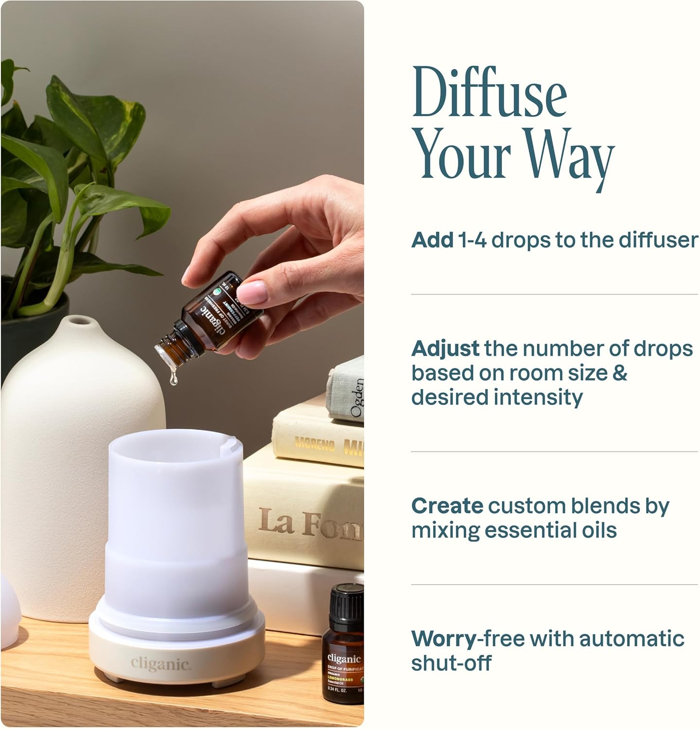 Cliganic Serenity Essential Oils Diffuser Set – Aromatherapy Humidifier with LED for Home, Office & Bedroom Includes Frankincense, Lavender, Grounded & Sleep Essential Oils Kit