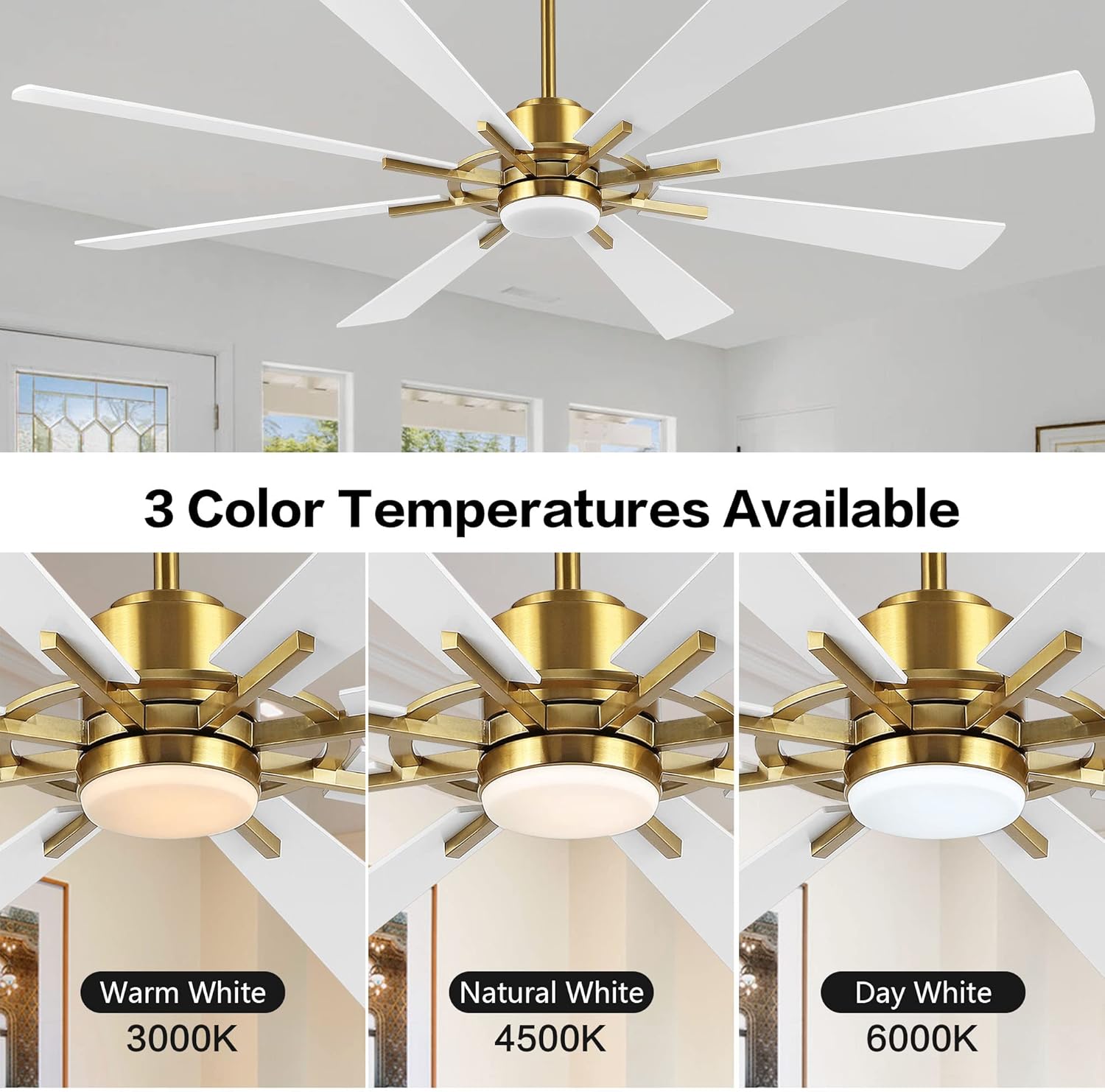 WINGBO 60" DC Ceiling Fan with Lights and Remote Control, Gold and White Ceiling Fan, 8 Plywood Blades, 6-Speed Reversible DC Motor, Modern Ceiling Fans Indoor for Kitchen Bedroom Living Room