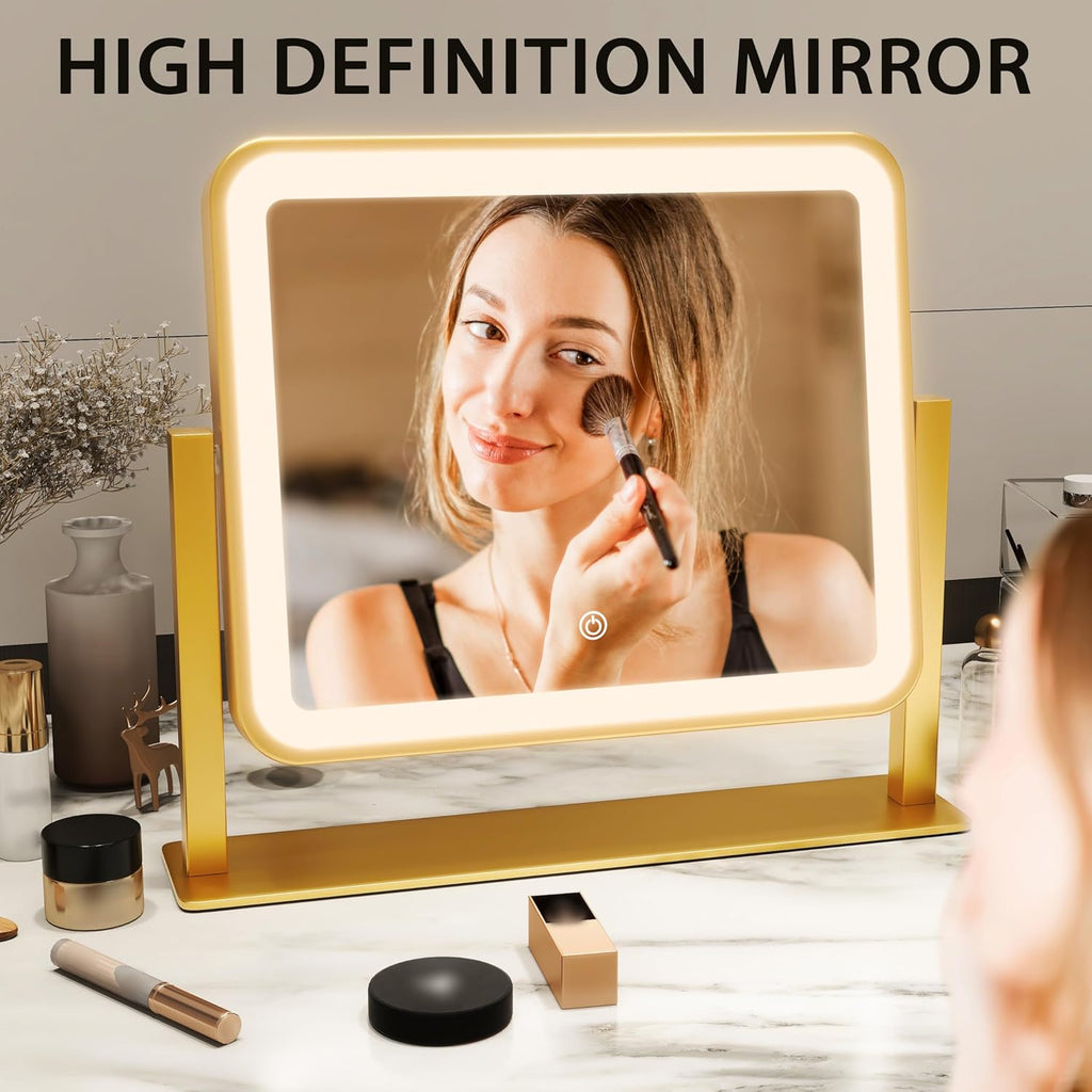 ROLOVE Gold Lighted Makeup Mirror, 14"x12" Vanity Mirror with Smart Touch Control, 3-Color Dimmable Lighting, 360° Rotation for Desk or Bedroom