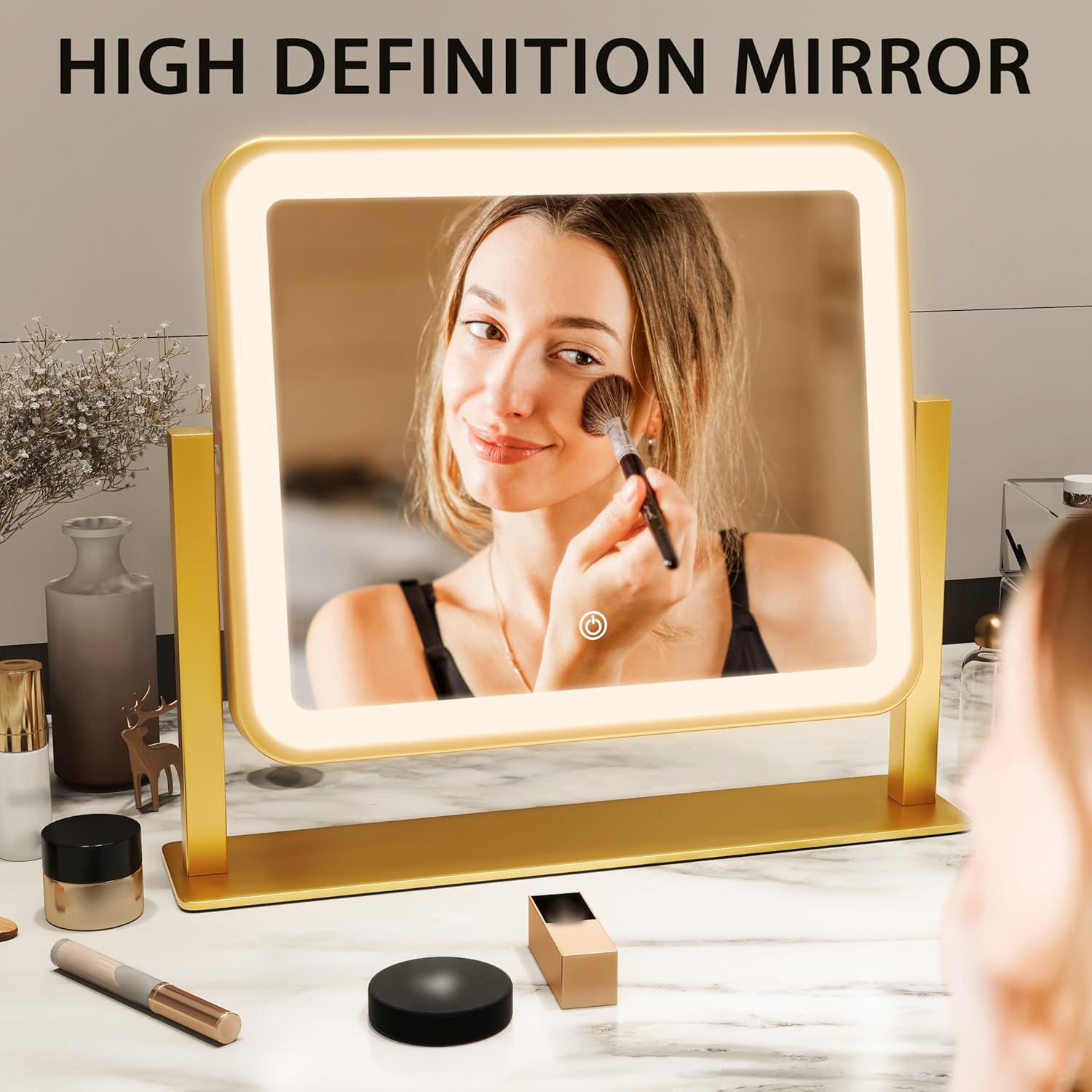 ROLOVE Gold Lighted Makeup Mirror, 14"x12" Vanity Mirror with Smart Touch Control, 3-Color Dimmable Lighting, 360° Rotation for Desk or Bedroom