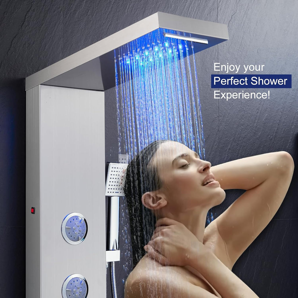 ROVATE LED Shower Panel Tower System with Rainfall Waterfall Shower, Shower Panel with Jets and Rainfall and Handheld, 5 in 1 Brushed Stainless Steel Shower Panel System High Pressure with Tub Spout
