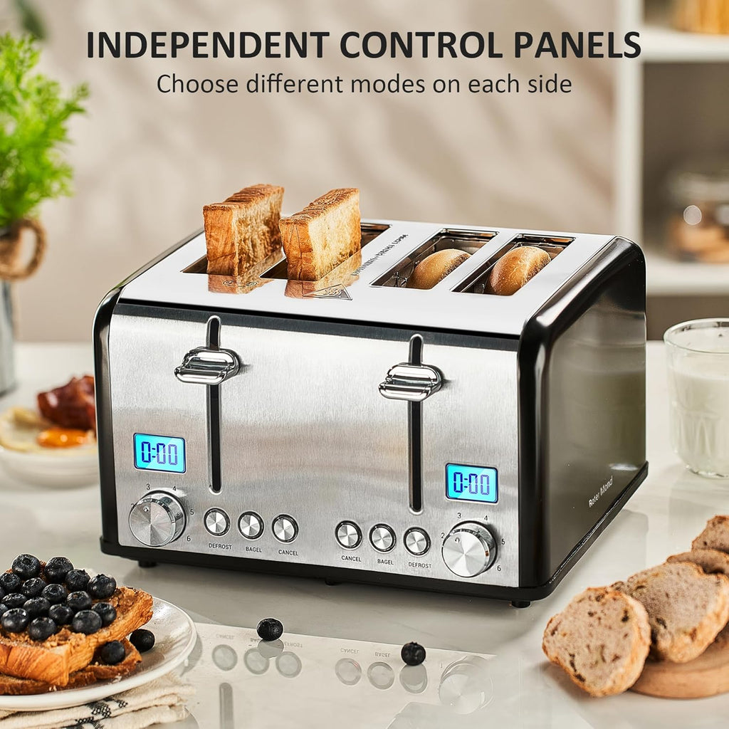 Roter Mond Countdown Stainless Steel 4 Slice Toaster with Bagel, Defrost, Cancel Function, Dual Toaster, Extra Wide Slots, 6 Shade Settings, Removable Crumb Trays, 1650W, Black