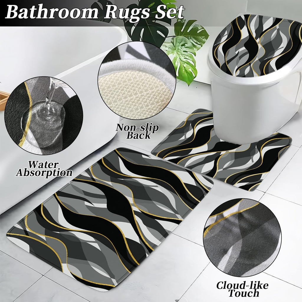 Bathroom Set - Black and Gold Bathroom Accessories, Bathroom Sets with Shower Curtain and Rugs, Black Shower Curtain Set with Bathroom Trash Can, Soap Dispenser, Soap Dish for Home Decor