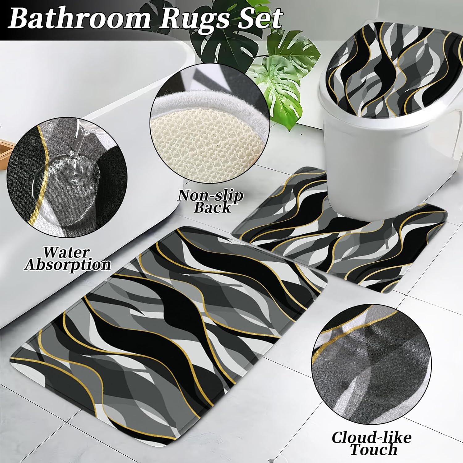 Bathroom Set - Black and Gold Bathroom Accessories, Bathroom Sets with Shower Curtain and Rugs, Black Shower Curtain Set with Bathroom Trash Can, Soap Dispenser, Soap Dish for Home Decor