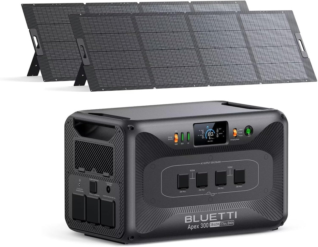 BLUETTI Apex 300 Solar Generator (2025 New) with 2 350W Solar Panels, 2764.8Wh LFP Battery Backup with 6 3840W AC Outlets (7680W Surge), 120V/240V Dual Voltage, Ideal for Camping and Off-Grid Living