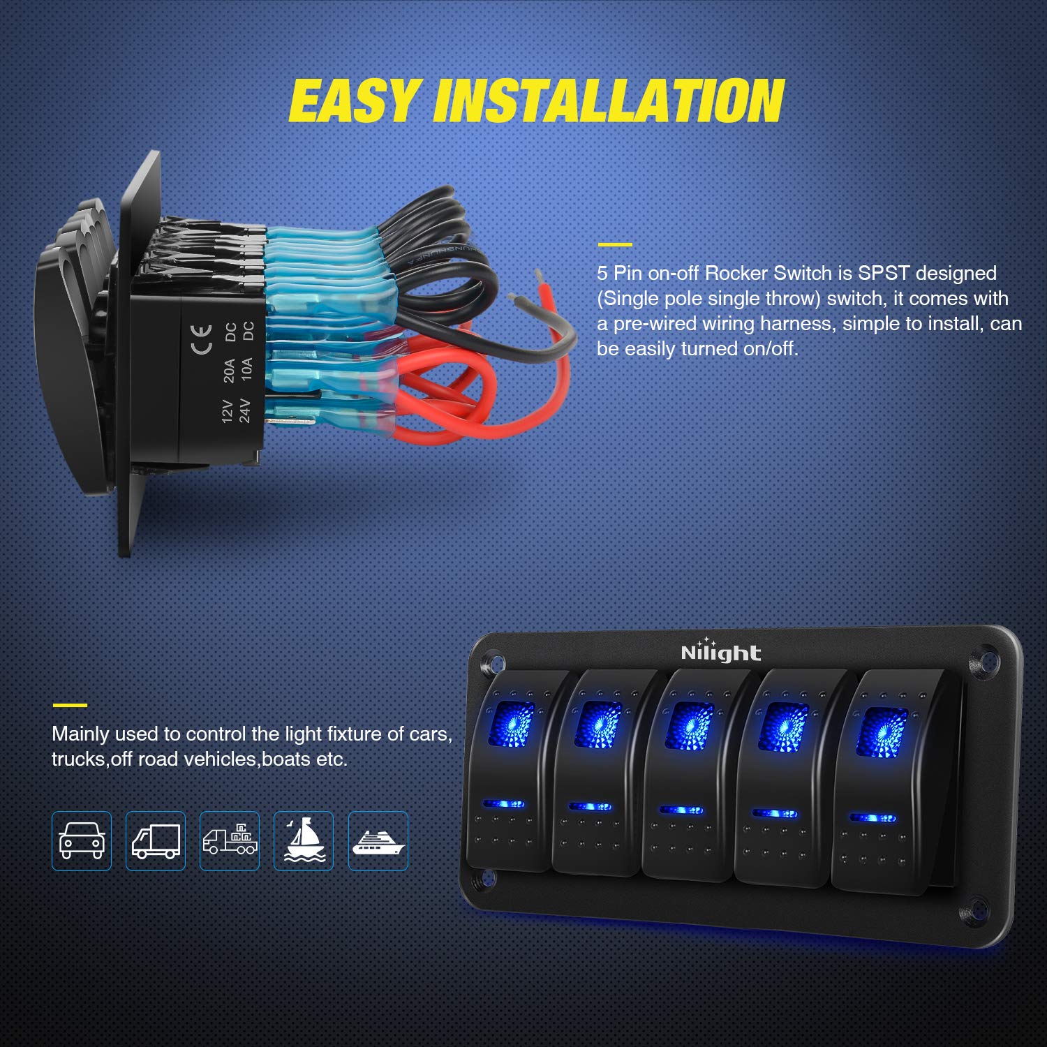Nilight - 90110E 5 Gang Aluminum Rocker Switch Panel Toggle Dash 5 Pin ON/Off Pre-Wired Rocker Switch Blue Backlit Switch for Automotive Car Marine Boat RV,2 Years Warranty