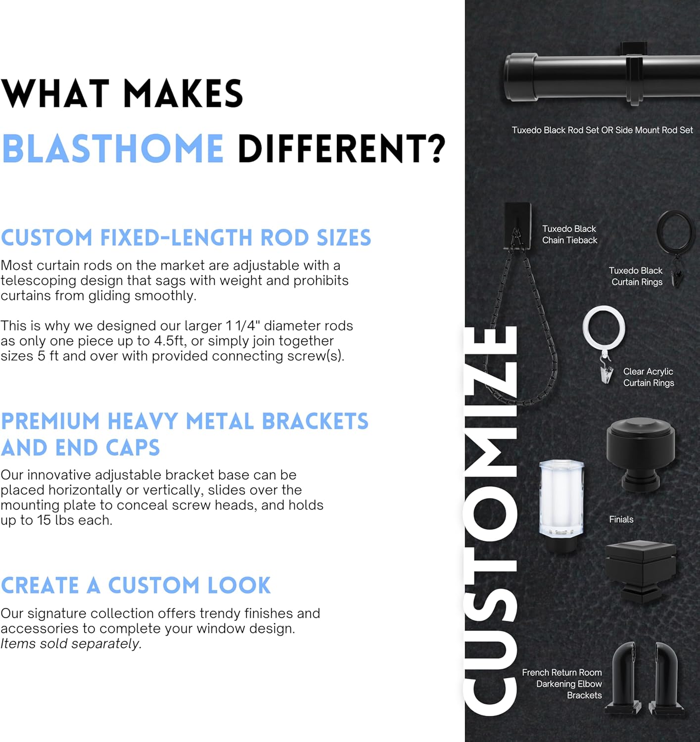 BlastHome® Non-Adjustable Luxury Curtain Rods for Windows, 1 ¼” Rod Set, 9 foot Fixed Length (Two Rods Connect for a Seamless Look), Tuxedo Black