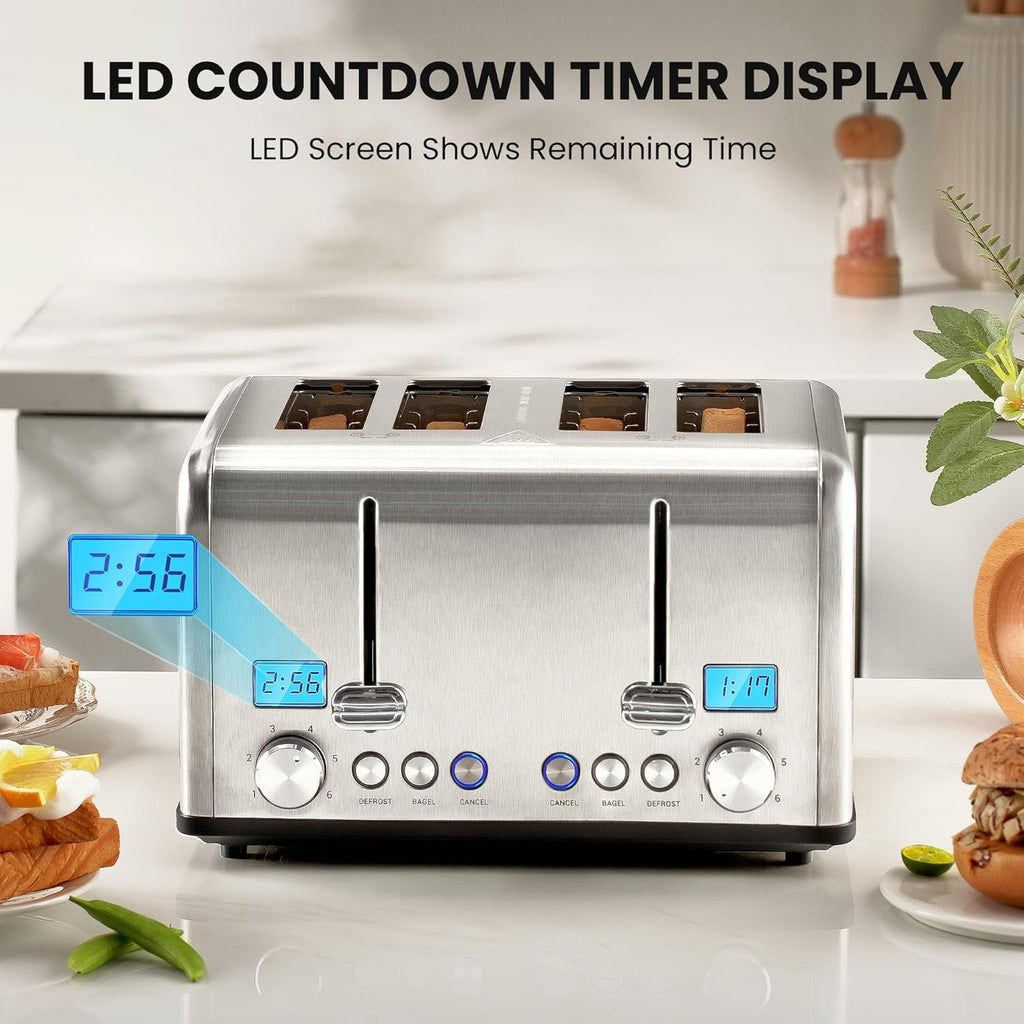Roter Mond Countdown Stainless Steel 4 Slice Toaster with Bagel, Defrost, Cancel Function, Dual Toaster, Extra Wide Slots, 6 Shade Settings, Removable Crumb Trays, 1650W