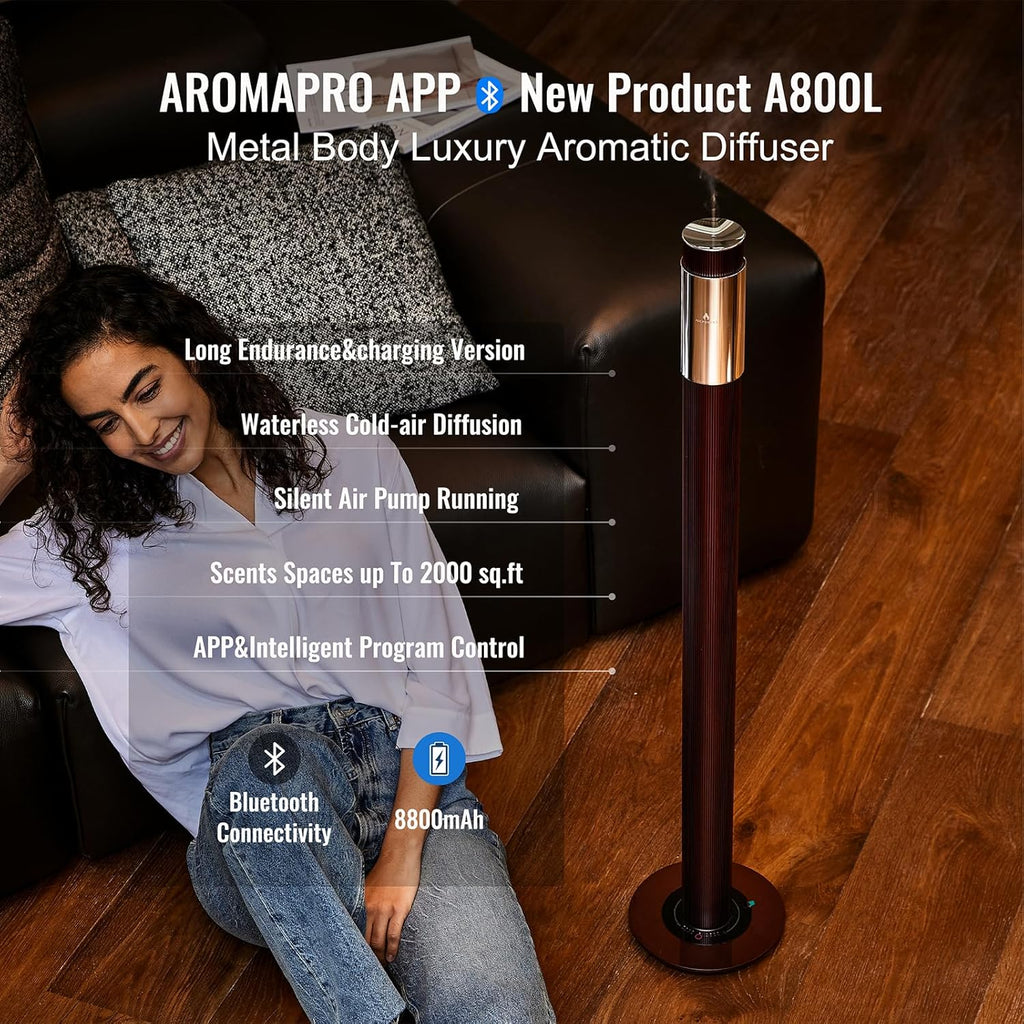 40-inch Large Waterless Essential Oil Diffuser, Luxury Hotel Diffuser, Cordless Rechargeable App Diffuser, Includes 120ml Essential Oils,2000Sq.Ft Coverage, for Home, Office, Spa, Hotel, Burgundy