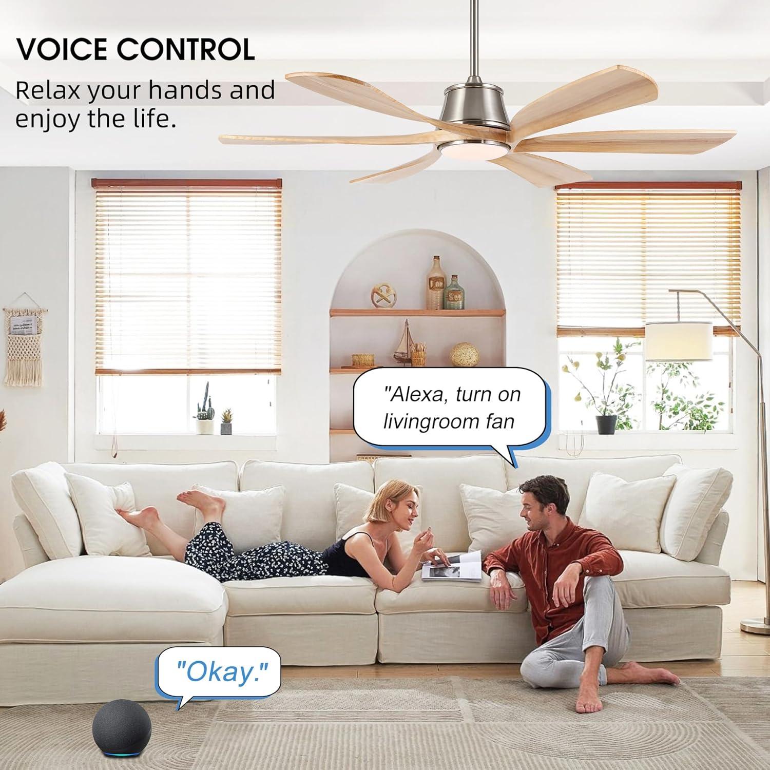 WINGBO 60" Smart Ceiling Fan with Light, Dimmable LED Light, 6-Speed Remote/APP/Voice Control, Solid Wood Blades Fan for Bedroom/Living Room/Shop Works with Alexa or Google Assistant Light Wood Color
