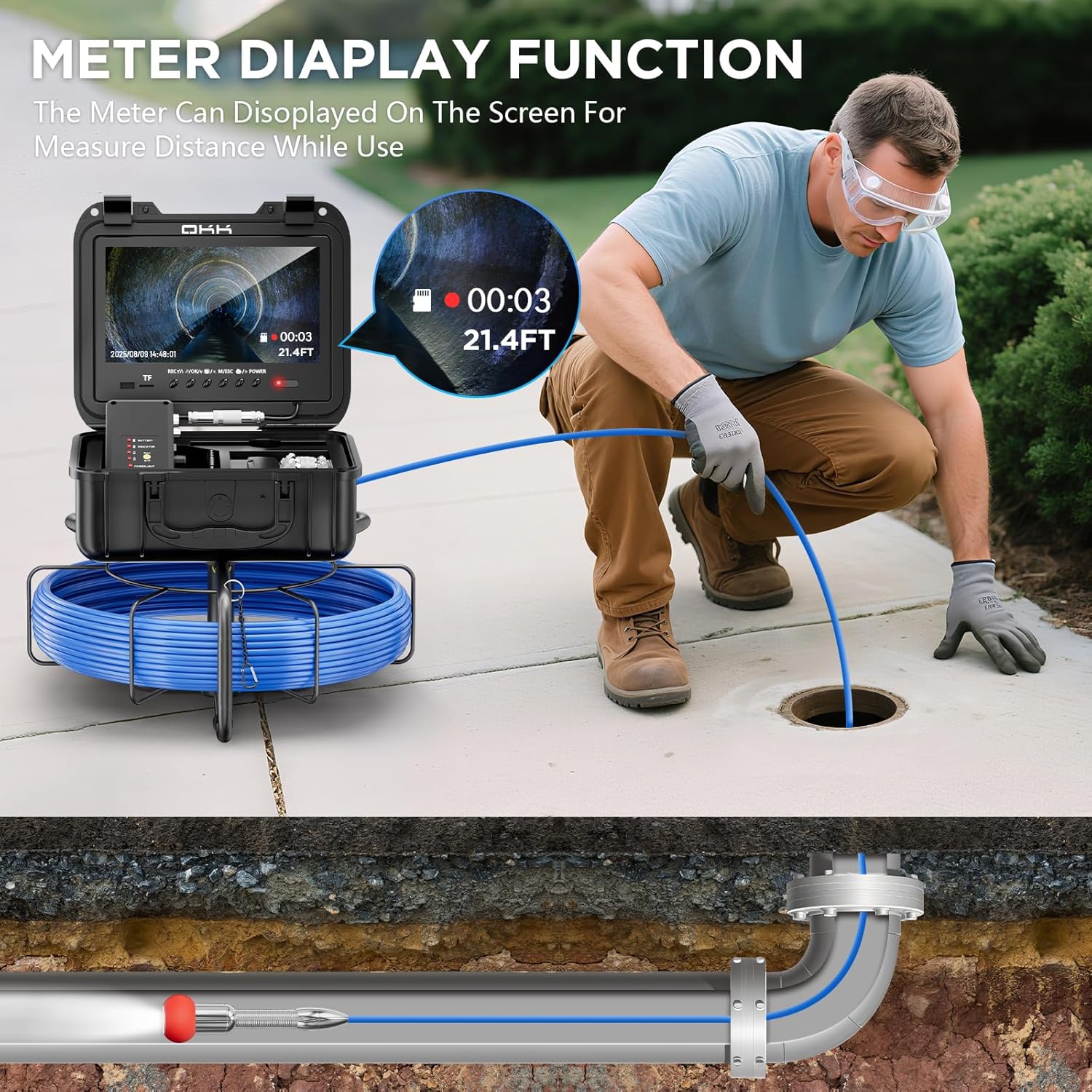 Sewer Camera, Self-Leveling Drain Camera with 7mm Thicker Cable, 100ft/30M Range, 9" 1080P HD Monitor, IP68 Waterproof for Pipe Inspection, DVR Snake Cam with Distance Counter & 32GB Card