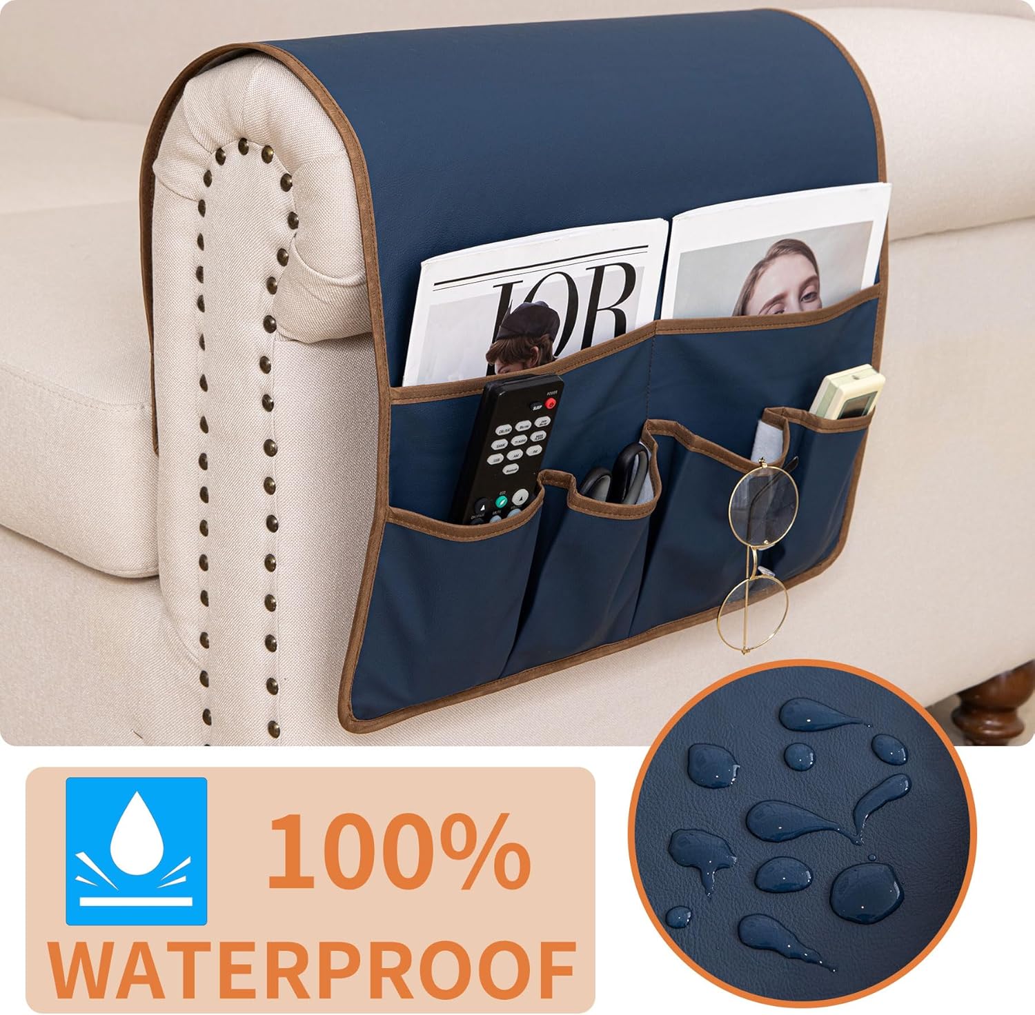 HAOMAIJIA Anti Slip Sofa Armrest Organizer Arm Chair Bedside Caddy Storage Organizer For Recliner Couch With 6 Pockets For Cell Phone Tv Remote Control (Navy Blue, 31.89 inches × 18.5 inches)