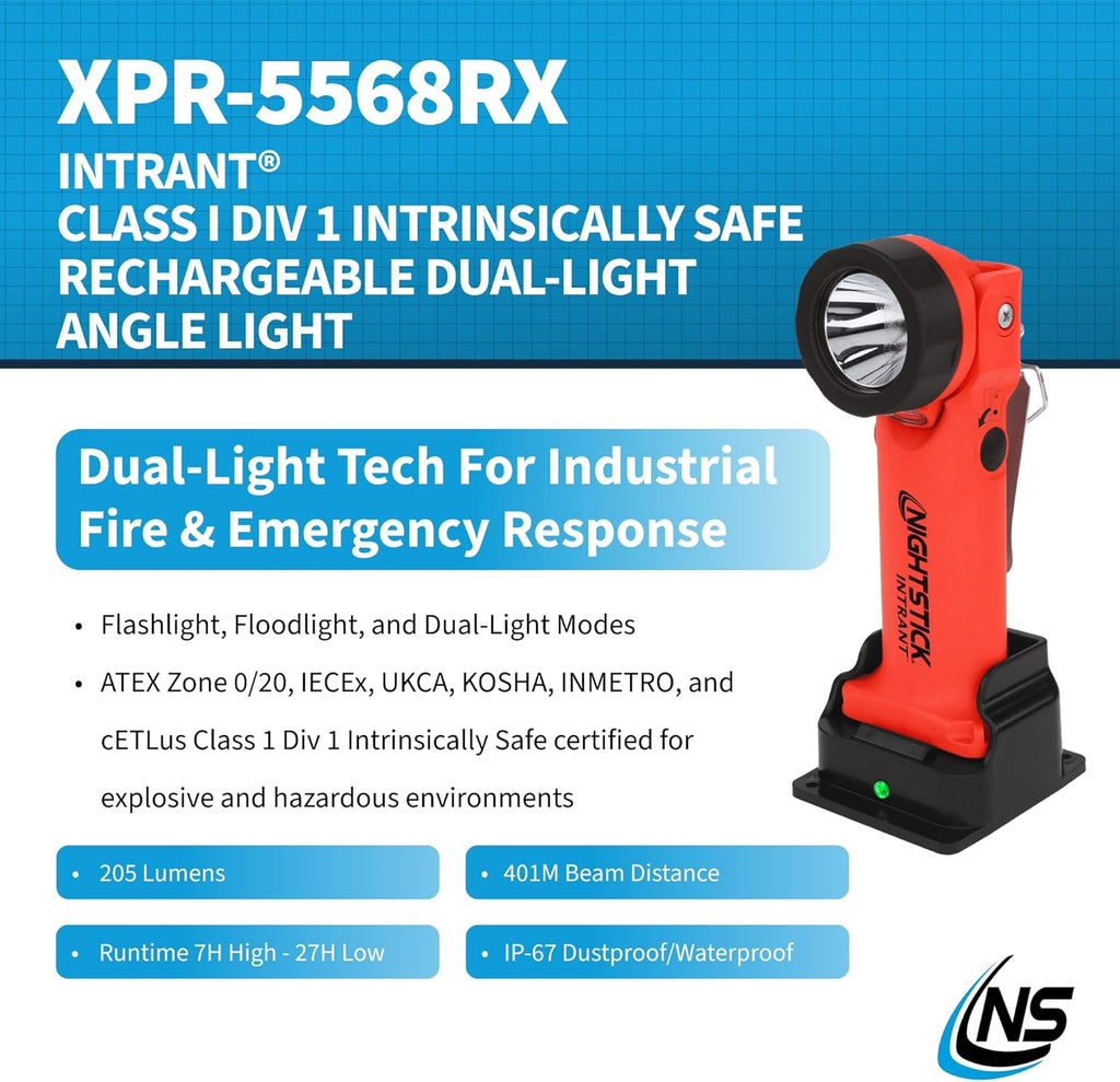 Nightstick XPR-5568RX Intrant Rechargeable Intrinsically Safe Permissible Dual-Light Angle Light (Red)