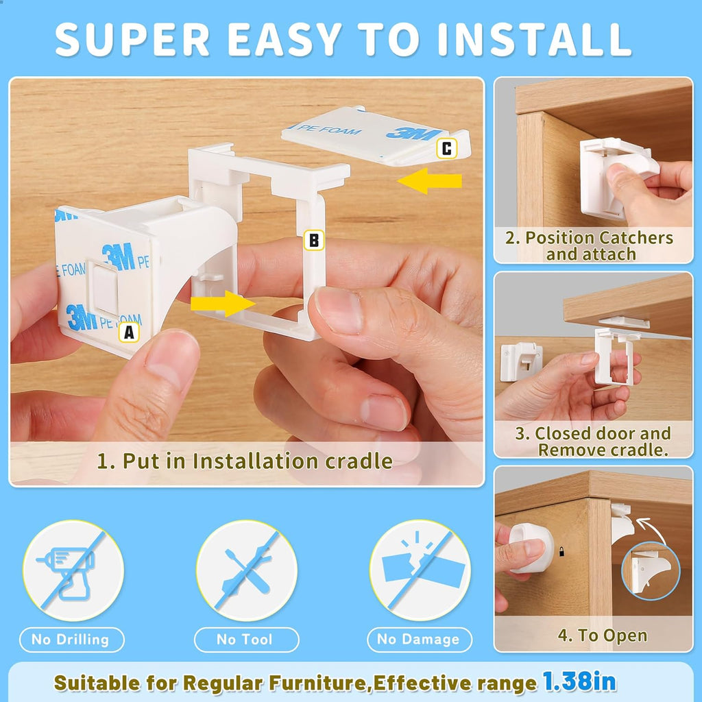 12 Pack Magnetic Cabinet Locks Baby Proofing - Baitiny Child Proof Cupboard Drawers Latches - Adhesive Easy Installation