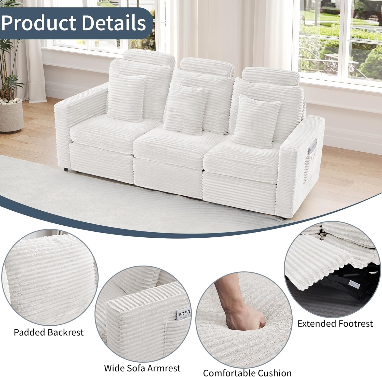LEVNARY 3-Seater Modular Reclining Sofa, Faux Rabbit Fur Power Recliner Couch with 3 Electric Seats, 3 Pillows & Side Pockets, Adjustable Back & Footrest, Living Room Furniture (White)