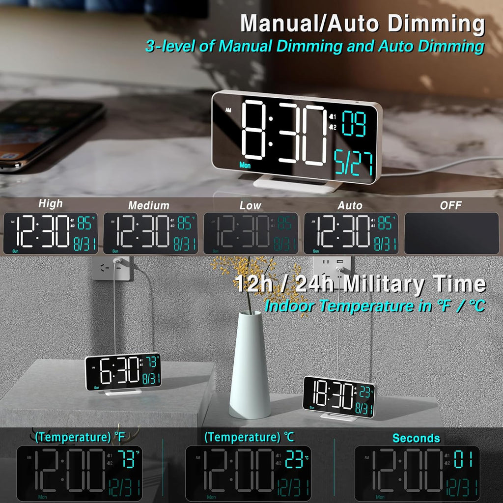 KOSUMOSU Digital Alarm Clocks 6.7in Small Digital Clock for Bedroom,Auto Dimming,Dual Alarm, Date, Seconds, Day of Week, Indoor Temperature,Desk Clock for Classroom,LED Clocks for Living Room