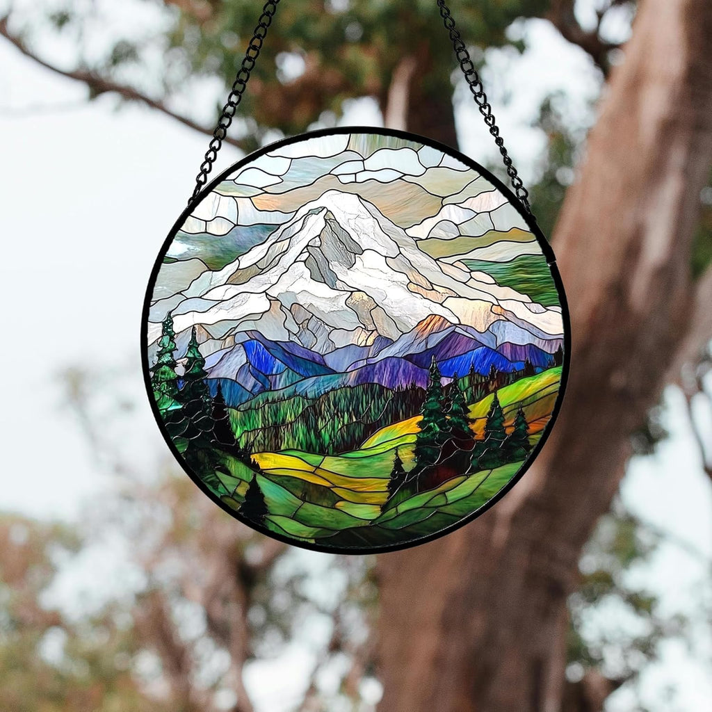Stained Glass Window Hanging 4 Pcs Set Mountains Lake Green White Landscape 9.8" - Suncatcher Door Garden Sun Catcher Decor Birthday Christmas for Mom Woman Nana Men