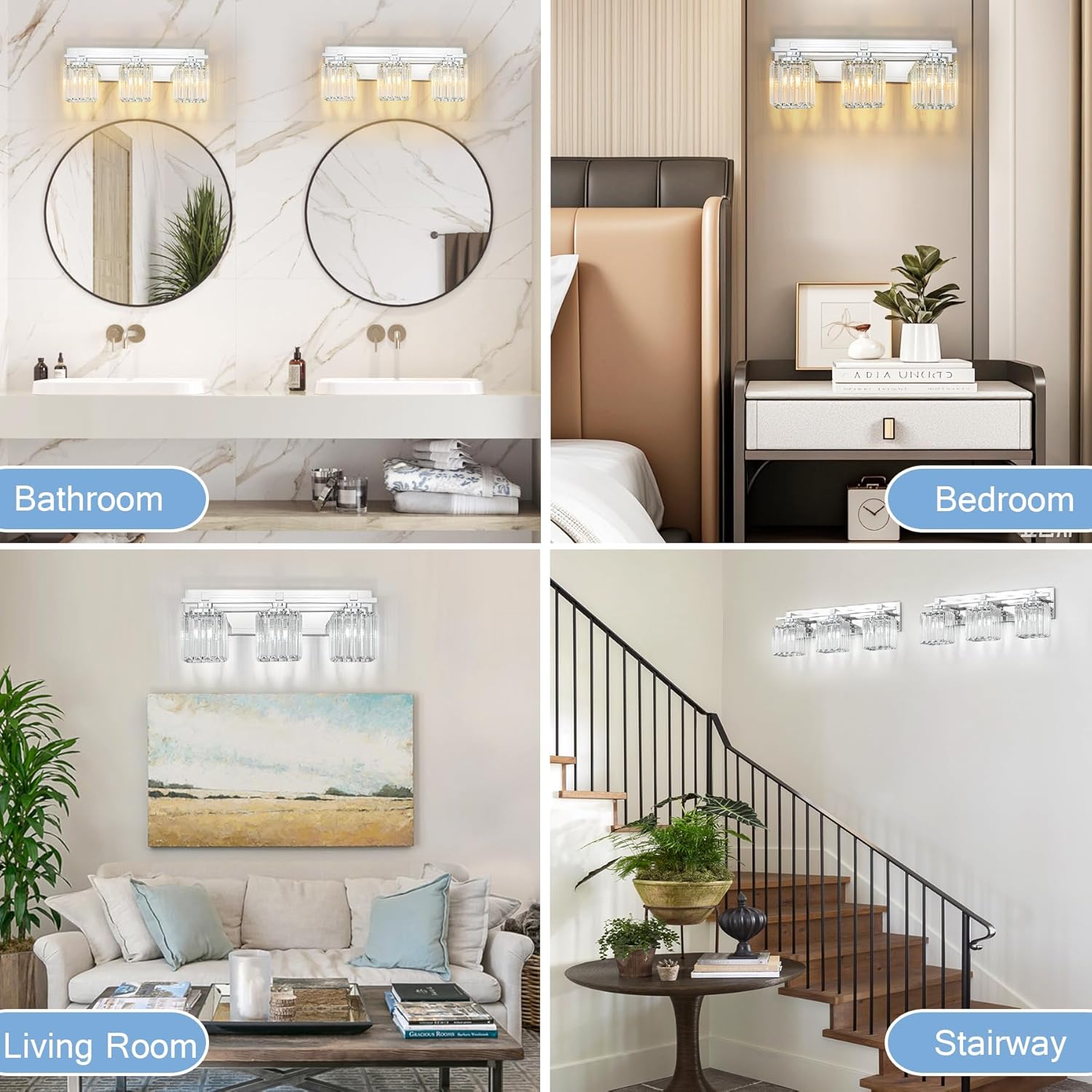 Crystal Bathroom Light Fixtures, 3 Light Chrome Vanity Lighting Over Mirror with Crystal Shades, Modern Bathroom Vanity Light for Restroom, Bath, Cabinet and Powder Room