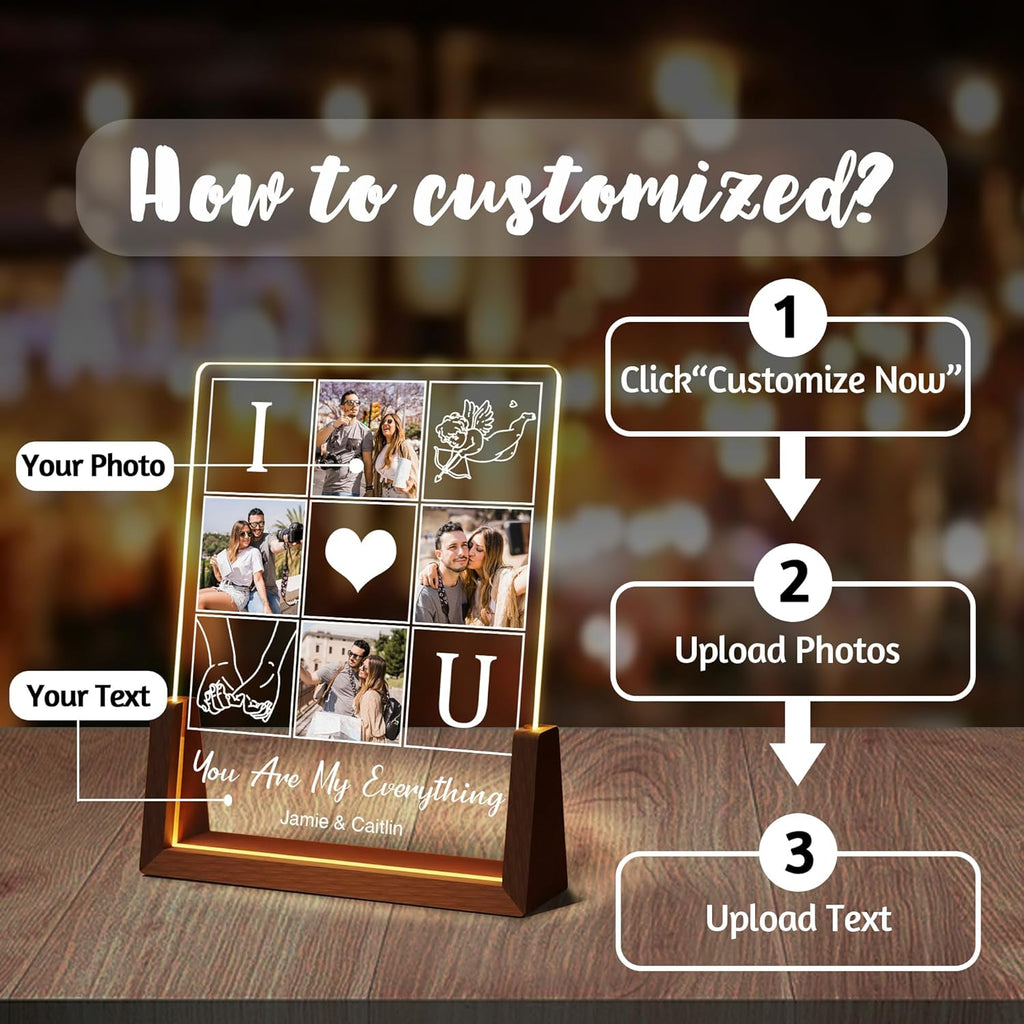 Customized Couple Birthday Gifts For Boyfriend Girlfriend Him Her, Custom Light Up Picture Frame Acrylic Plaque With Photo Name, Personalized Anniversary Wedding Christmas Gifts For Women Men